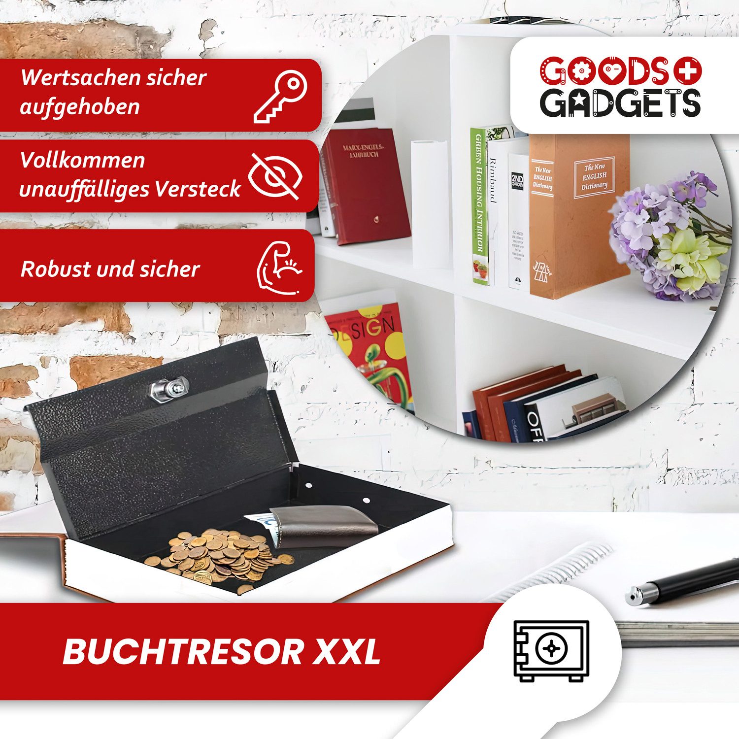 Goods+Gadgets Buchtresor GOODS+GADGETS XXL Abschließbarer Buchtresor - Geldkassette Buch (Geldkassette, Buchattrappe), Bücherregal Geheimversteck