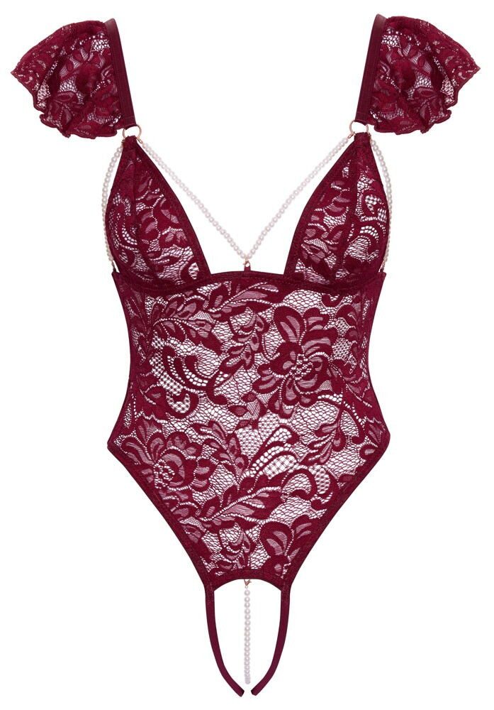 Cottelli LINGERIE Stringbody Ouvert Body aus Spitze mit Perlenketten - rot günstig online kaufen
