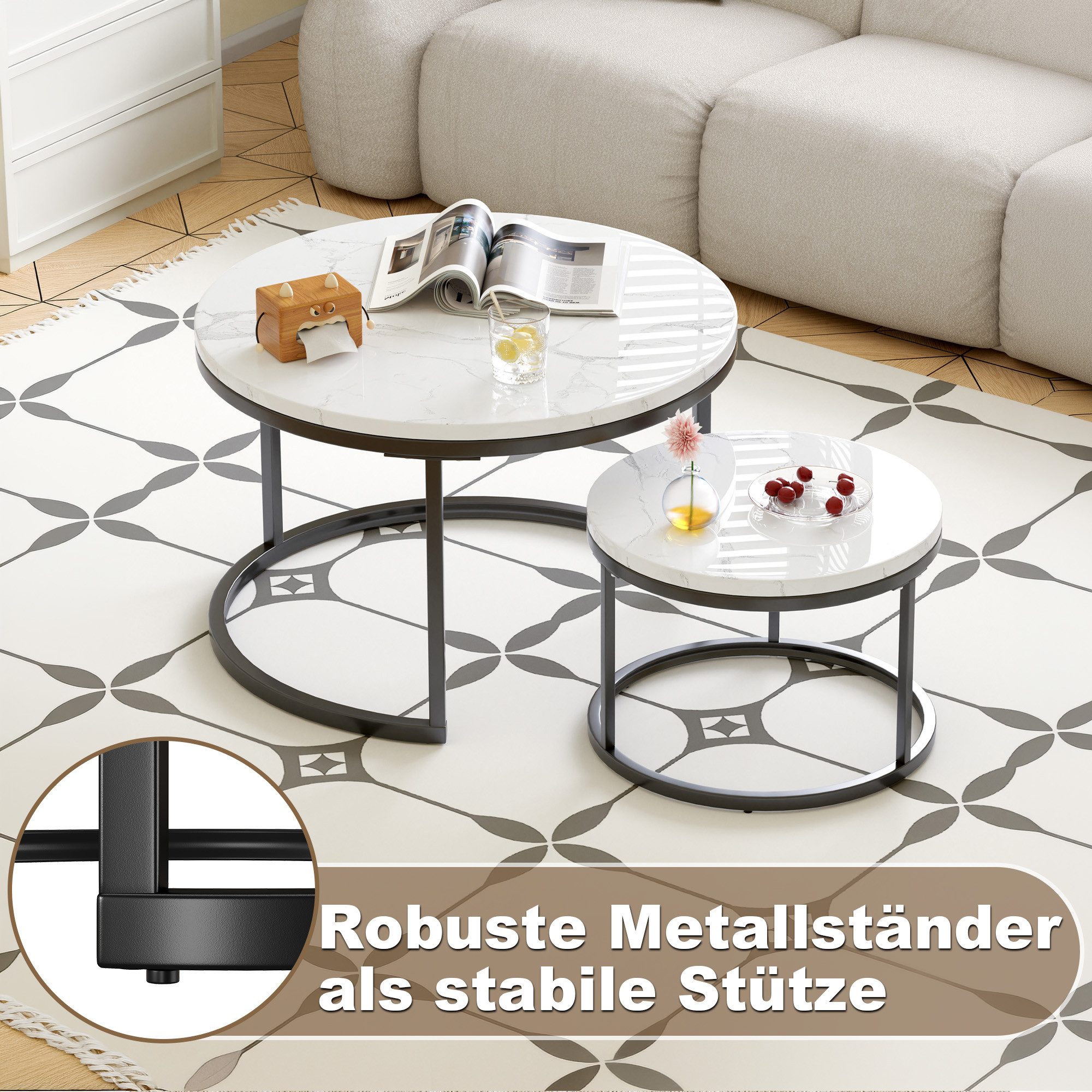 MODFU Couchtisch Set 2-tlg 70x45 / 45x35 cm Marmoroptik schwarz Stahl (Packung, 2-St., Stahlrohrrahmen 100 kg Tragkraft, rutschfest, kratzfeste Oberfläche), Min – Bild 5 von 5