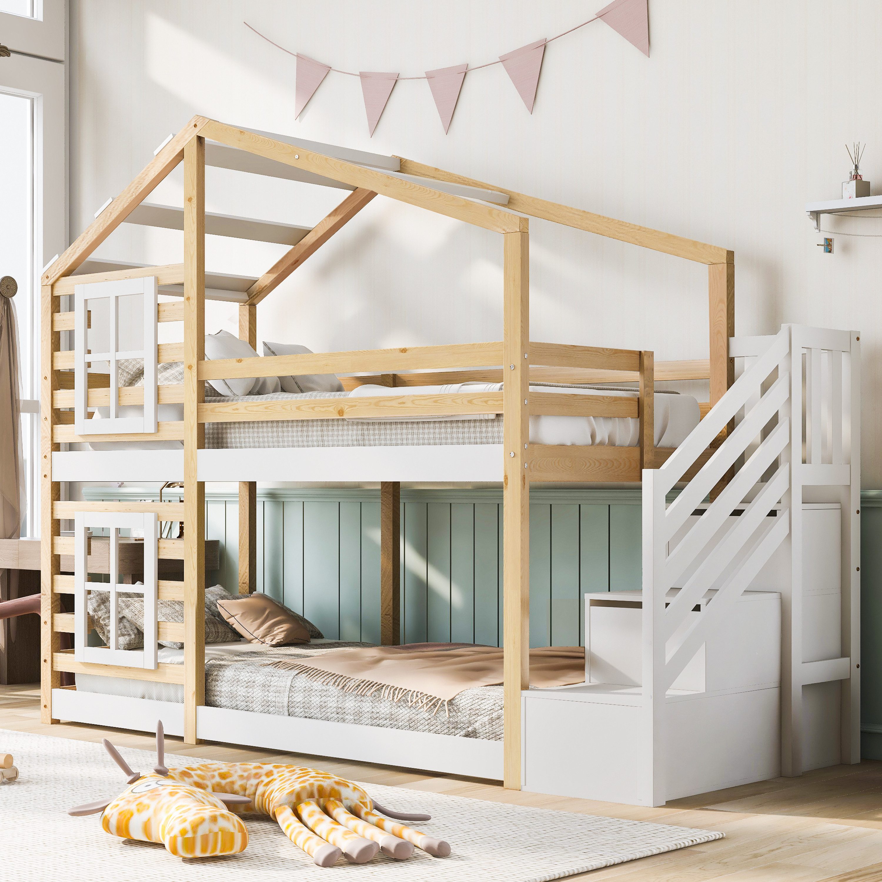 Merax Etagenbett, mit Treppen und Rausfallschutz, Kinderbett Hochbett Kiefe günstig online kaufen