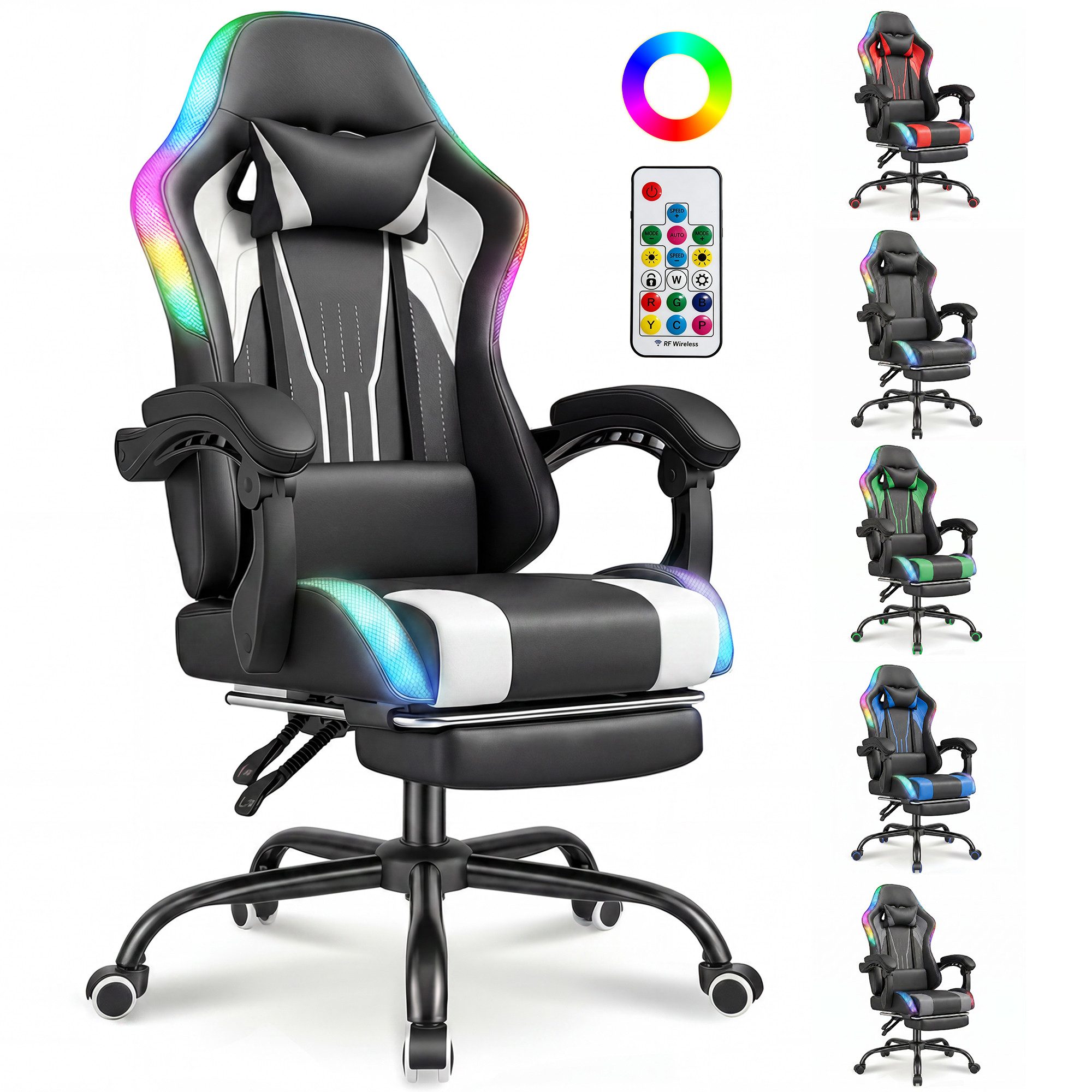HOMALL Gaming-Stuhl mit LED,Ergonomisch,Fußstütze,computerstuhl,gaming stuhl mit massage, Ergonomischer Bürostuhl,Kopfstütze und Lendenstütze