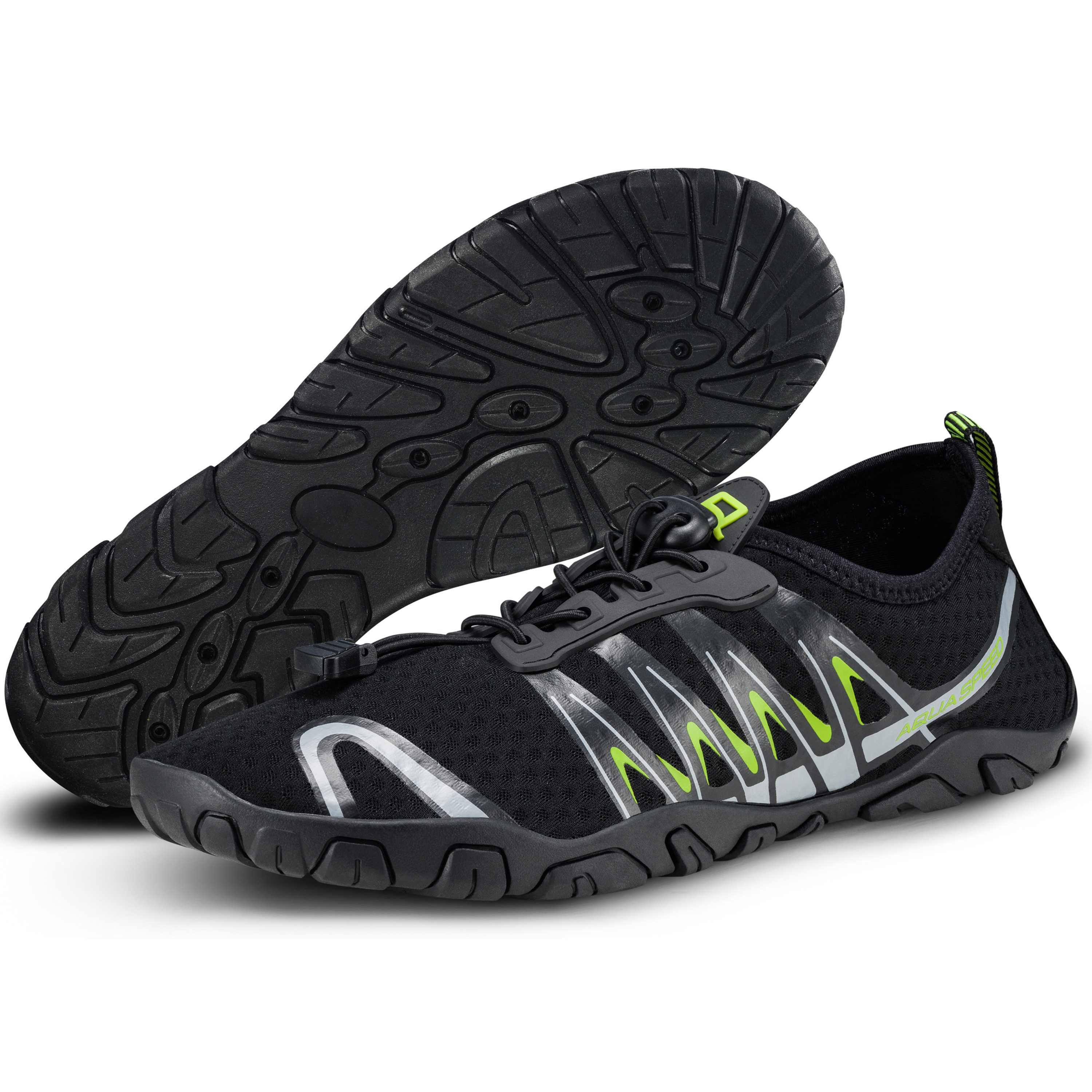 Aqua Speed Gekko Schwimmschuhe Gr. 45 – Schwarz/Grau mit Handtuchbeilage Wasserschuh (Vielseitig tragbare Schuhe – von See über Sauna bis Garten) Rutschfeste Laufsohle – für Pool, Boot & See gleichermaßen