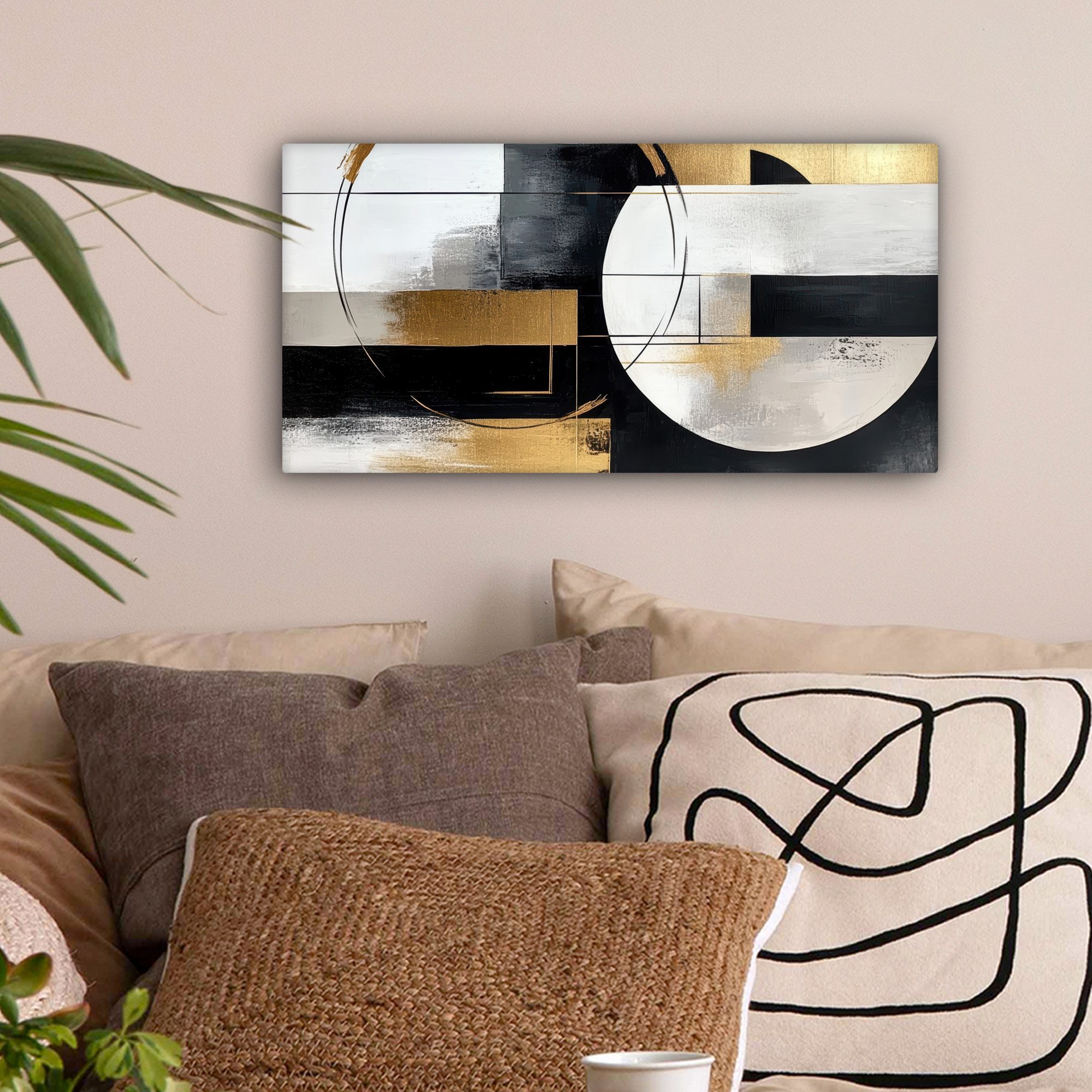OneMillionCanvasses® Leinwandbild Panorama Abstrakt - Gold - Silber - Formen - Ästhetik, Fotodruck (1 St), Wandbild, Deko Schlafzimmer Wohnzimmer Flur 40x20 cm