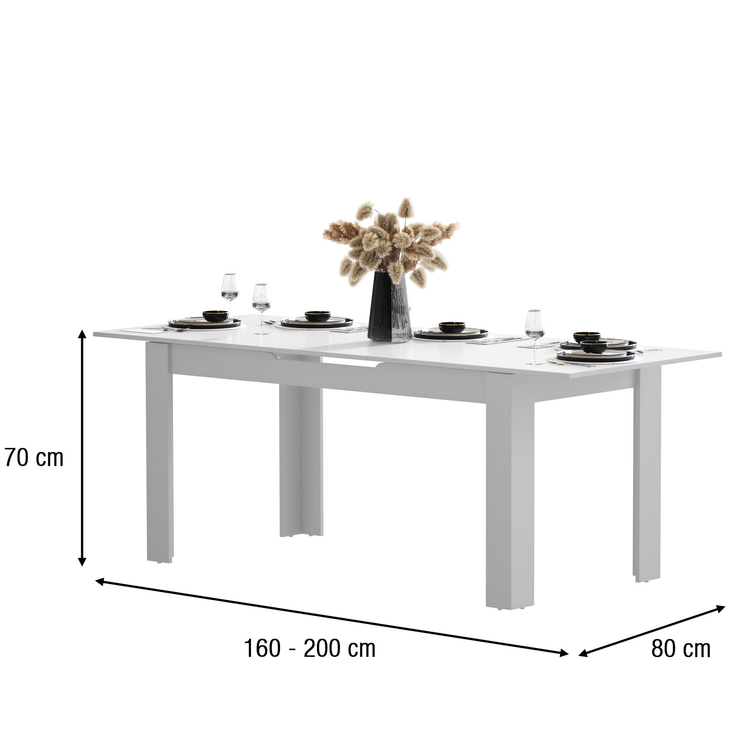 Newroom Esstisch Weiß 160 cm, ausziehbar 160-200 cm inkl. Tischplatte Weiß Modern Esszimmertisch
