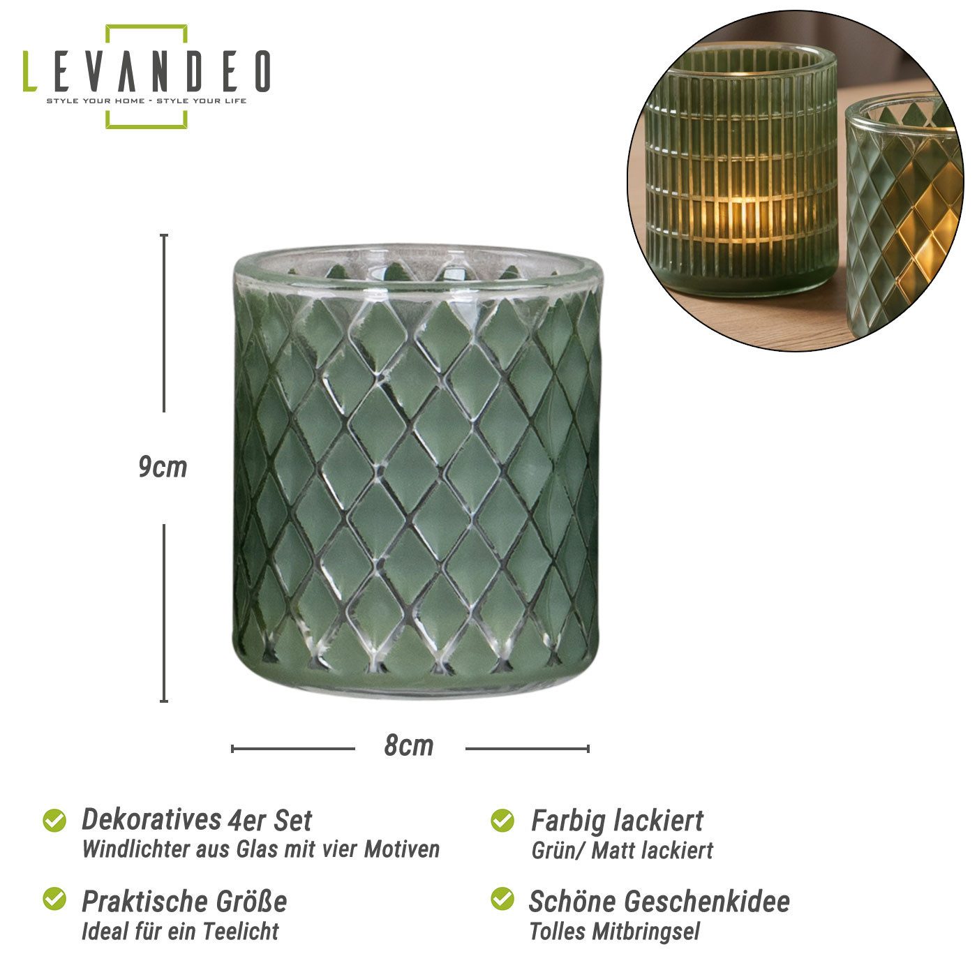 Levandeo® Teelichthalter, 4er Set Teelichthalter Grün Glas Windlicht Tischdeko Kerzenhalter