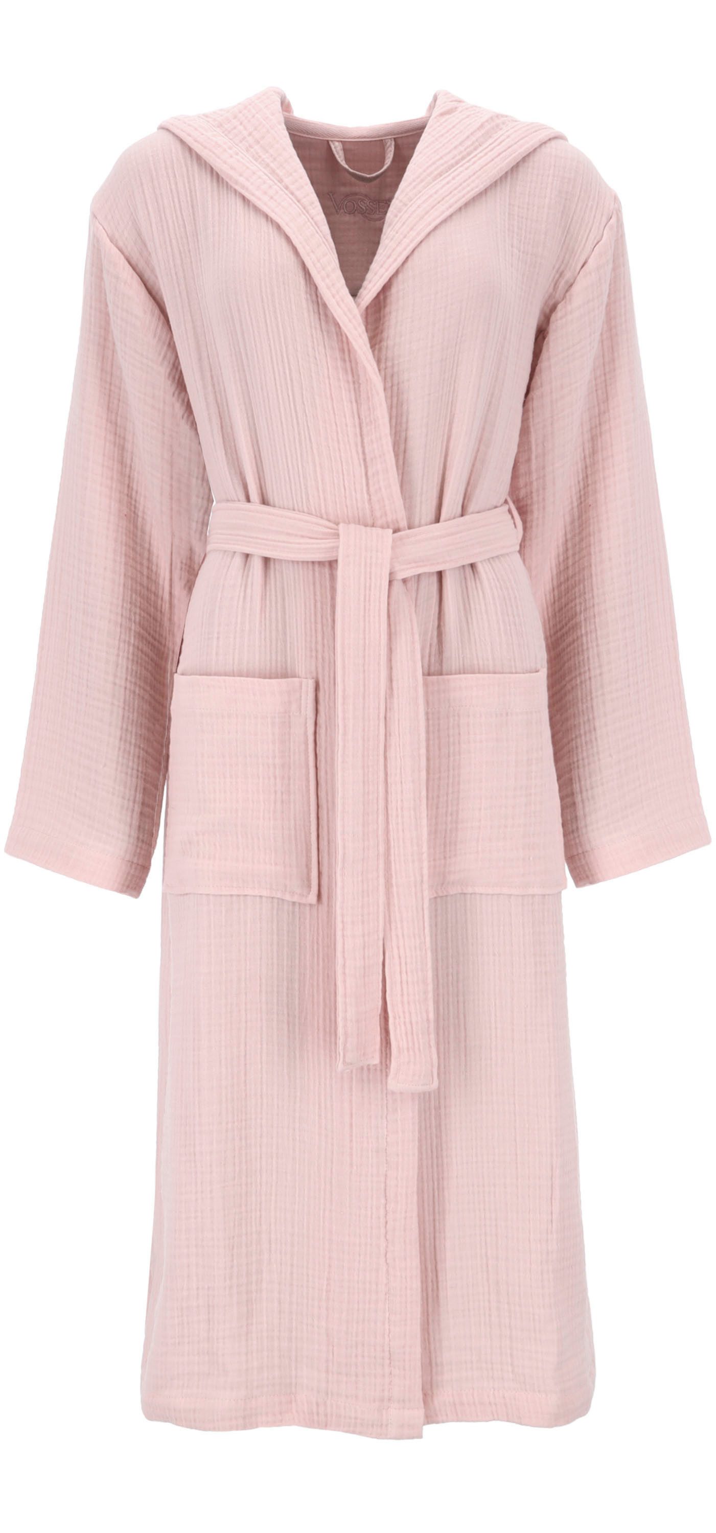 Vossen Bademantel Silent, ideal für Sauna & Spa, Hotelbademantel, Morgenmantel, Langform, Baumwolle, Kapuze, Gürtel, Musselin
