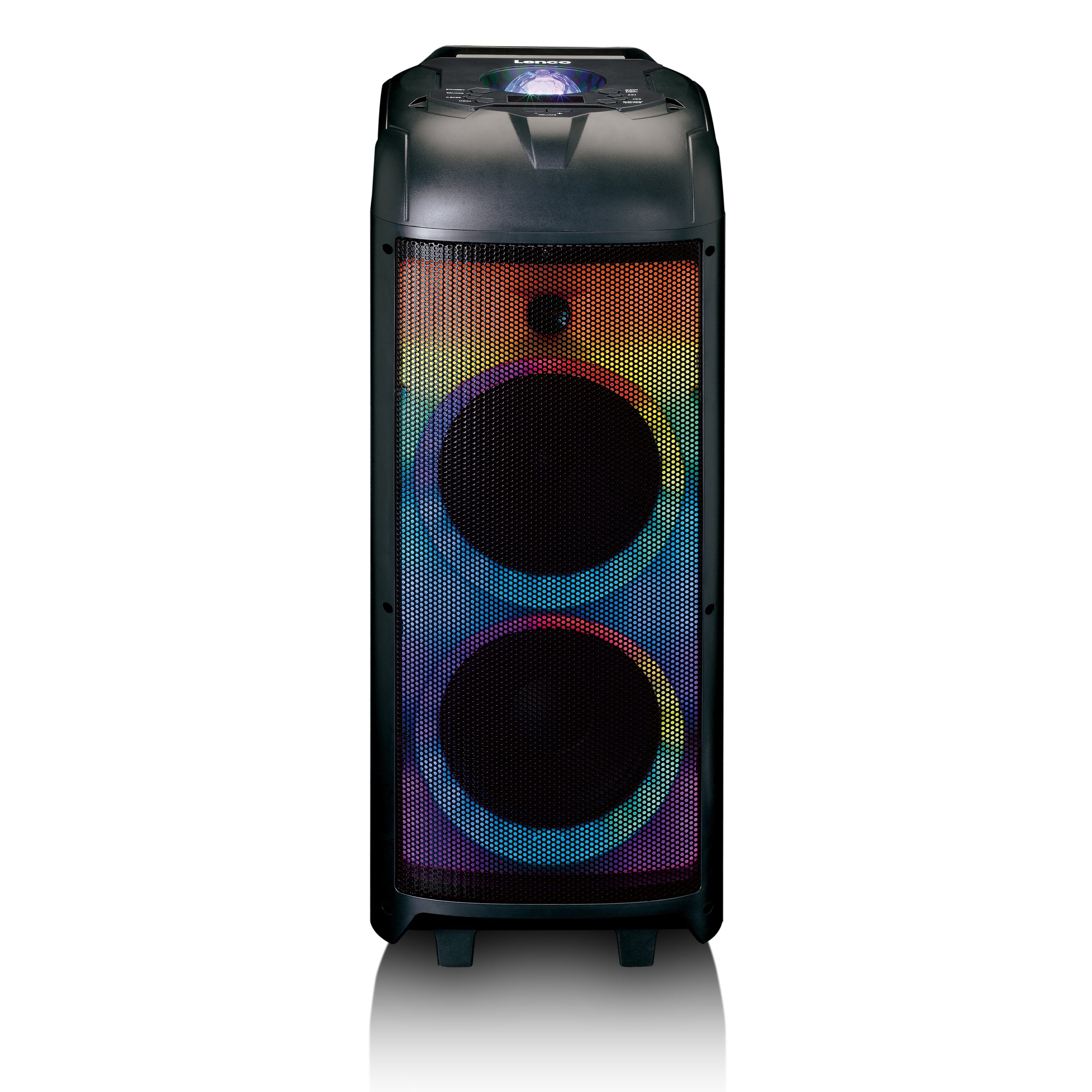 Lenco PA-260BK Bluetooth-Lautsprecher 2.0 (150 W, 150 Watt RMS & Bluetooth, 12h Akku, Diskokugel & LED inkl. Mikrofone)