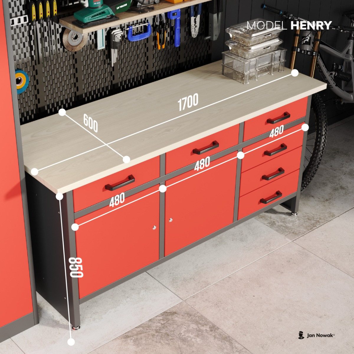 Jan Nowak Werkbank Werkstatttisch 170 cm HENRY 6 Schubladen 2 Schränke Stahl robust, (Stahl 0,8-1,0 mm 85 x 170 x 60 cm verstellbare Füße 91 kg), Werktisch abschließbar 570 kg laminierte Platte 5 Farben PZH