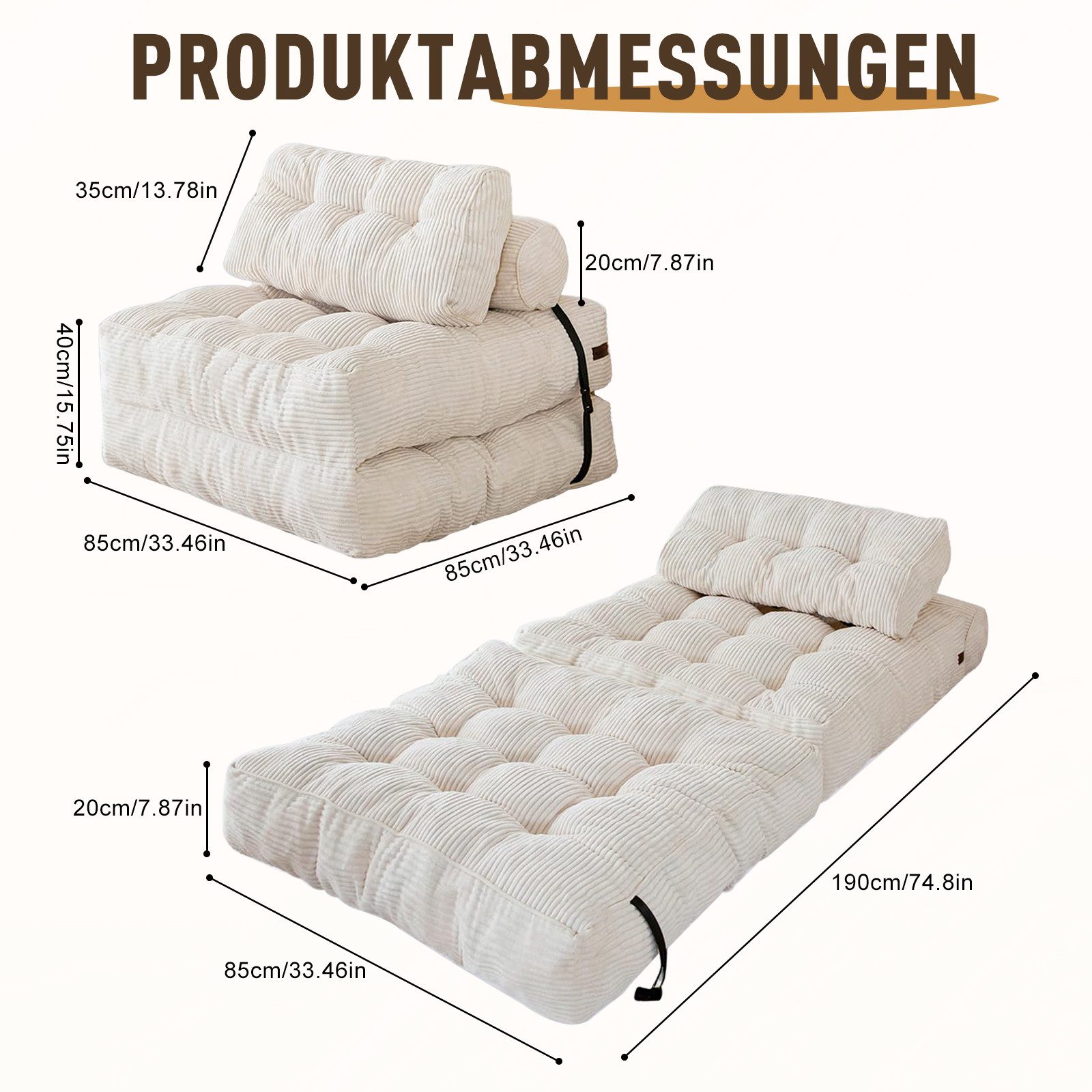 TWSOUL Sitzsack Schlafsofa Klappsofa faltbar mit Matratze,3-in-1 Gästebett, & Bodensofa, platzsparend,für Wohnzimmer & Gästezimmer