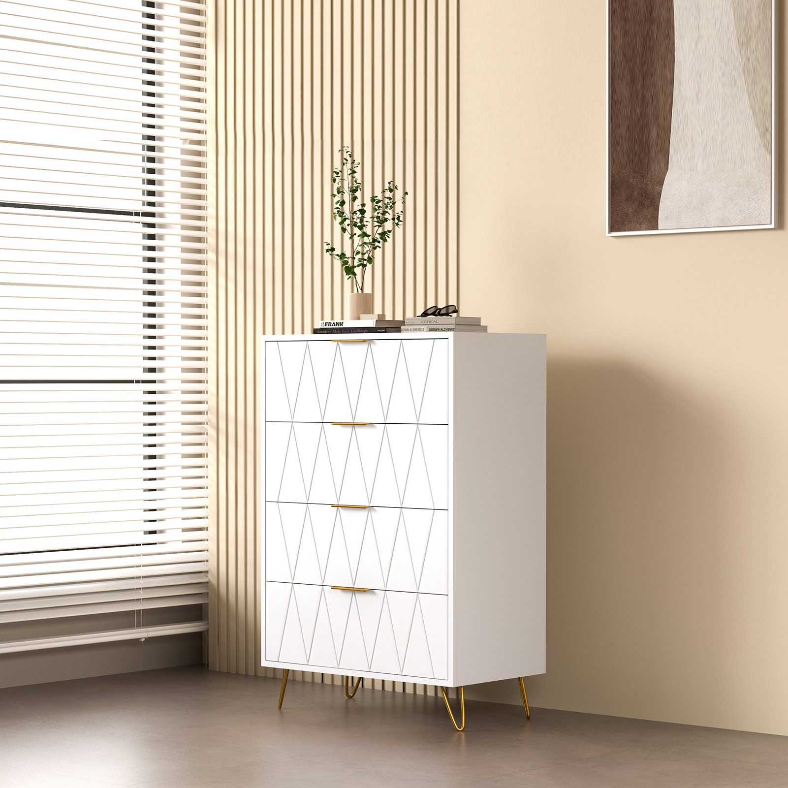 SEEZSSA Nachttisch Nachtschrank mit Schubladen, Nachtkommode, Nachtkonsole (Set, 1-St., Weiß Sideboard mit 4 Schubladen mit Metallfüße, Metallgriffe), Kommode 90 cm hoch für Wohnzimmer, Schlafzimmer, Flur