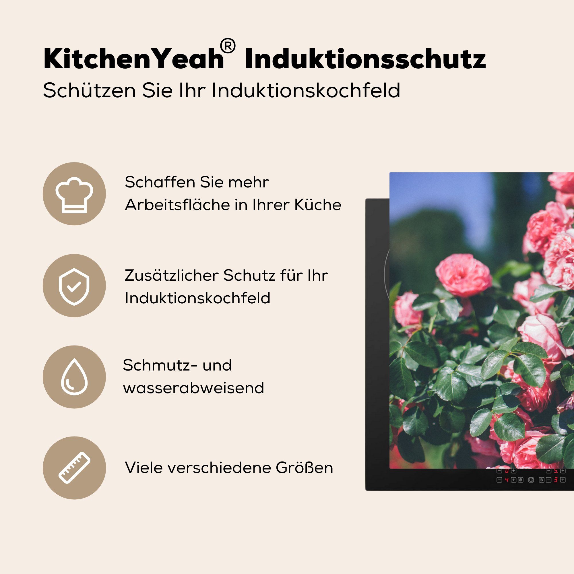 MuchoWow Herdblende-/Abdeckplatte Sommergarten, küche, (1 im Schutz rosa Vinyl, die tlg), Schöne Ceranfeldabdeckung Rose für 81x52 cm, Induktionskochfeld