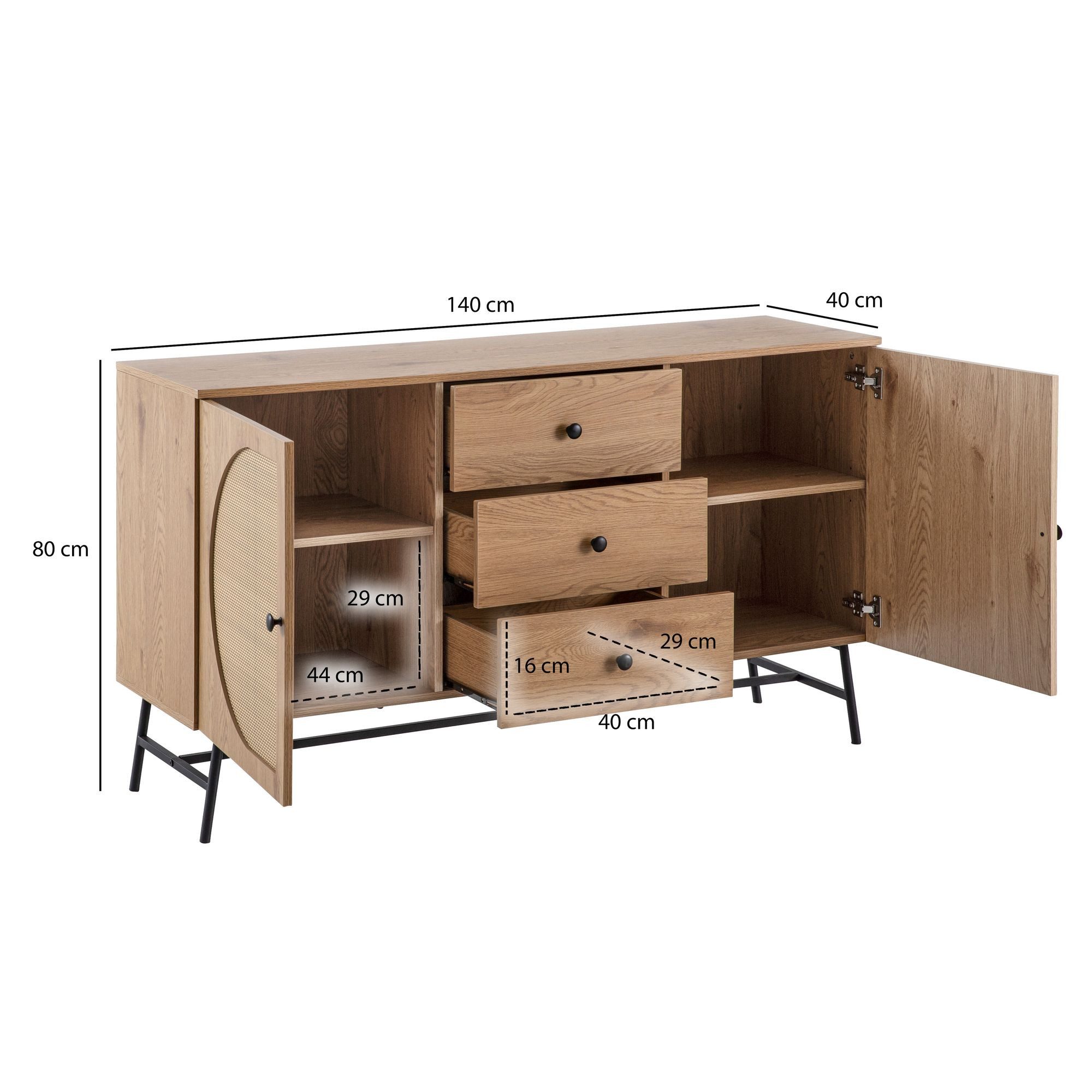 FINEBUY Sideboard FB103436 in Eiche Dekor 140 cm Kommode mit 2 Türen & 3 Schubladen (140x80x40 cm Anrichte, Eiche-Dekor Rattangeflecht), Kommode Türen & Schubladen, Hoher Kommodenschrank