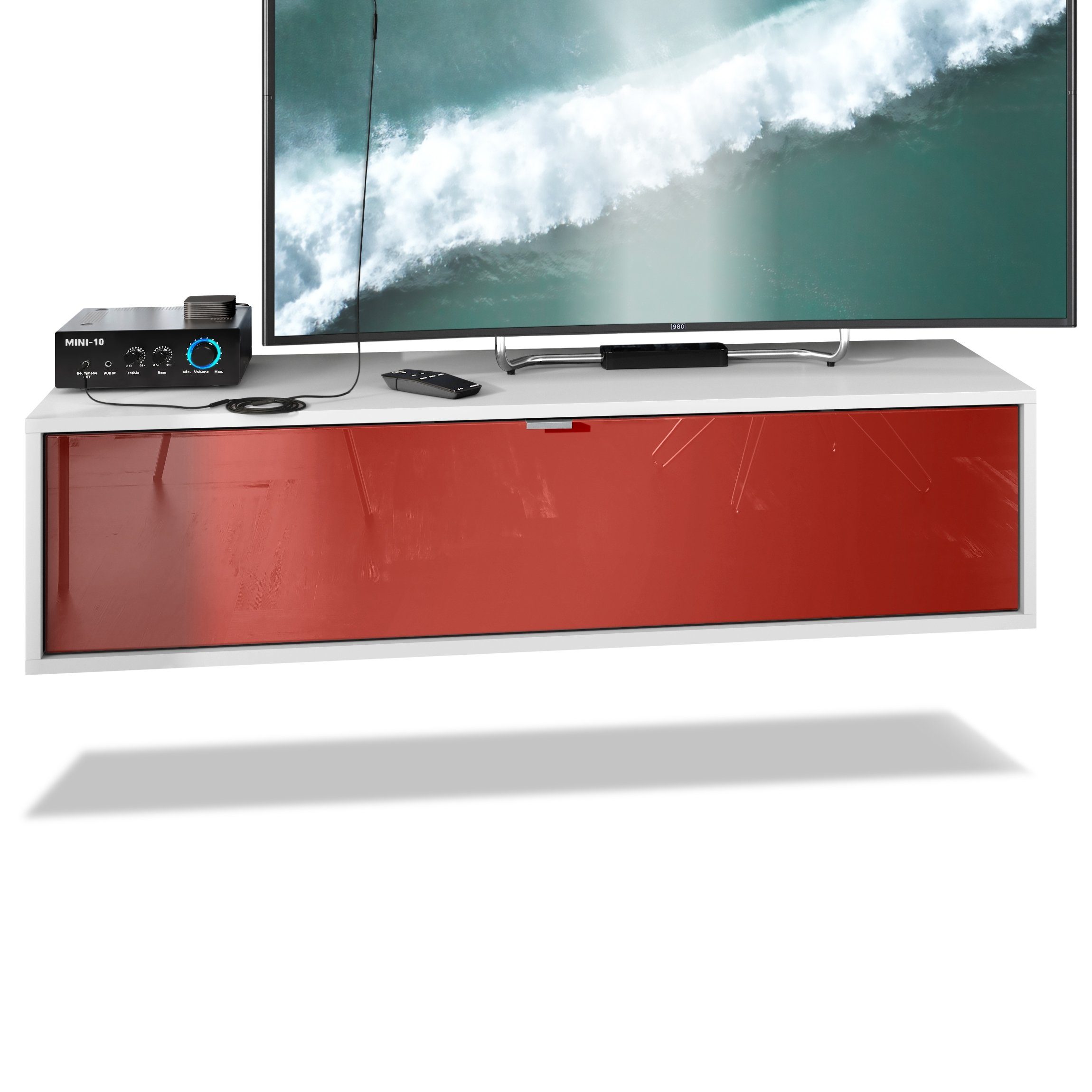 Vladon Lowboard Lana 1200 (TV-Kommode, mit Klappe dahinter 3 Fächer), Weiß matt/Bordeaux Hochglanz (120 x 29 x 37 cm)