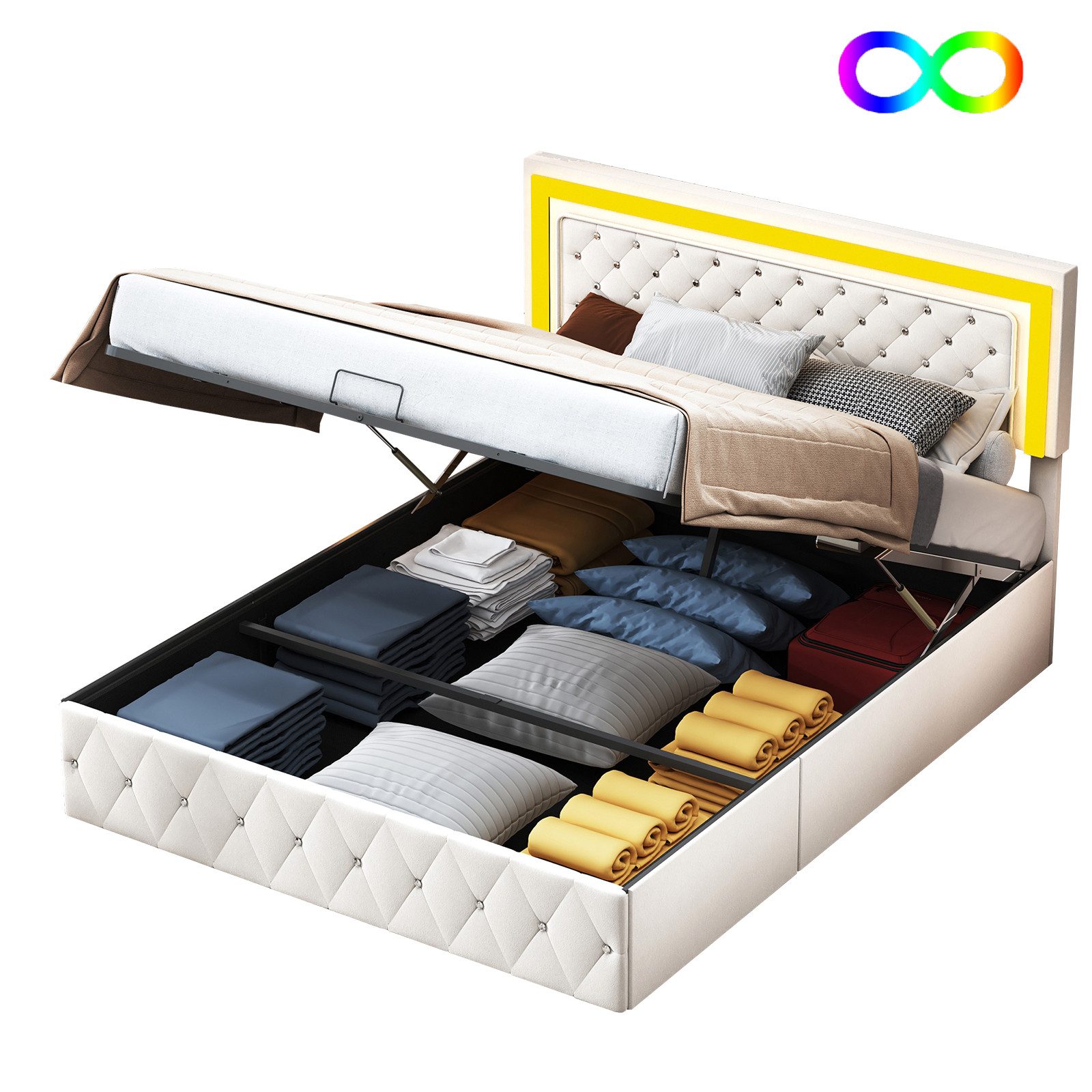 FUROKOY Boxspringbett LED Doppelbett Hydraulisches Polsterbett günstig online kaufen