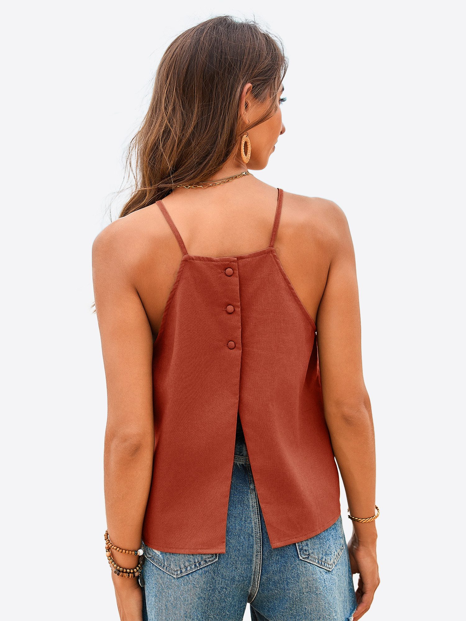 Imily Bela Trägertop Damen Lockeres Tanktop mit Rückenschlitz & Knöpfen (Packung, 1-tlg., 1per-Pack) Hoher Rundhals