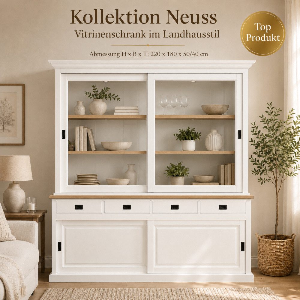 Wohnpalast Vitrine Vitrinenschrank Neuss 180 cm weiß mit Eiche – Landhaus Schrank