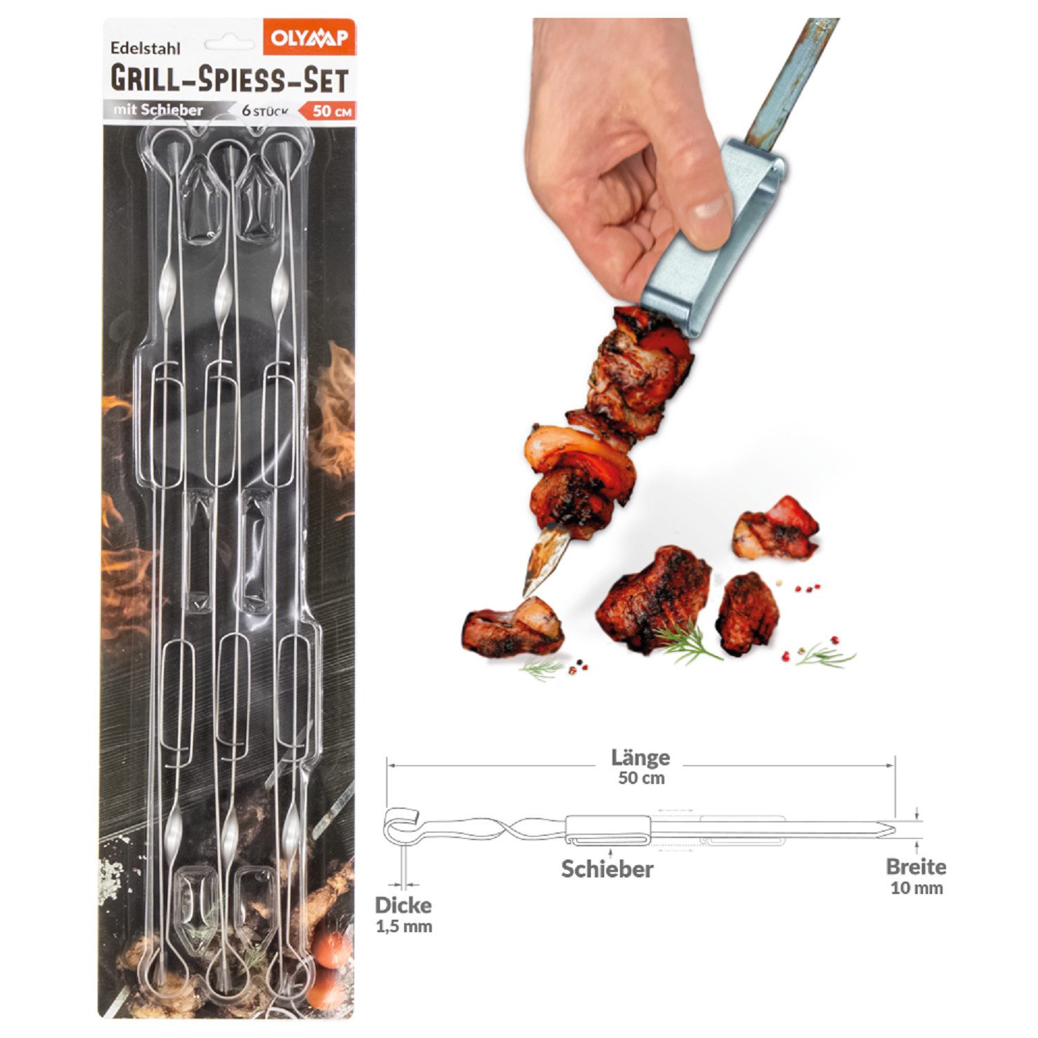 Olymp Handels GmbH Schaschlikspieße Grill Spieße Set mit Schieber 6 St 50 x 1cm Edelstahl 1,5 mm