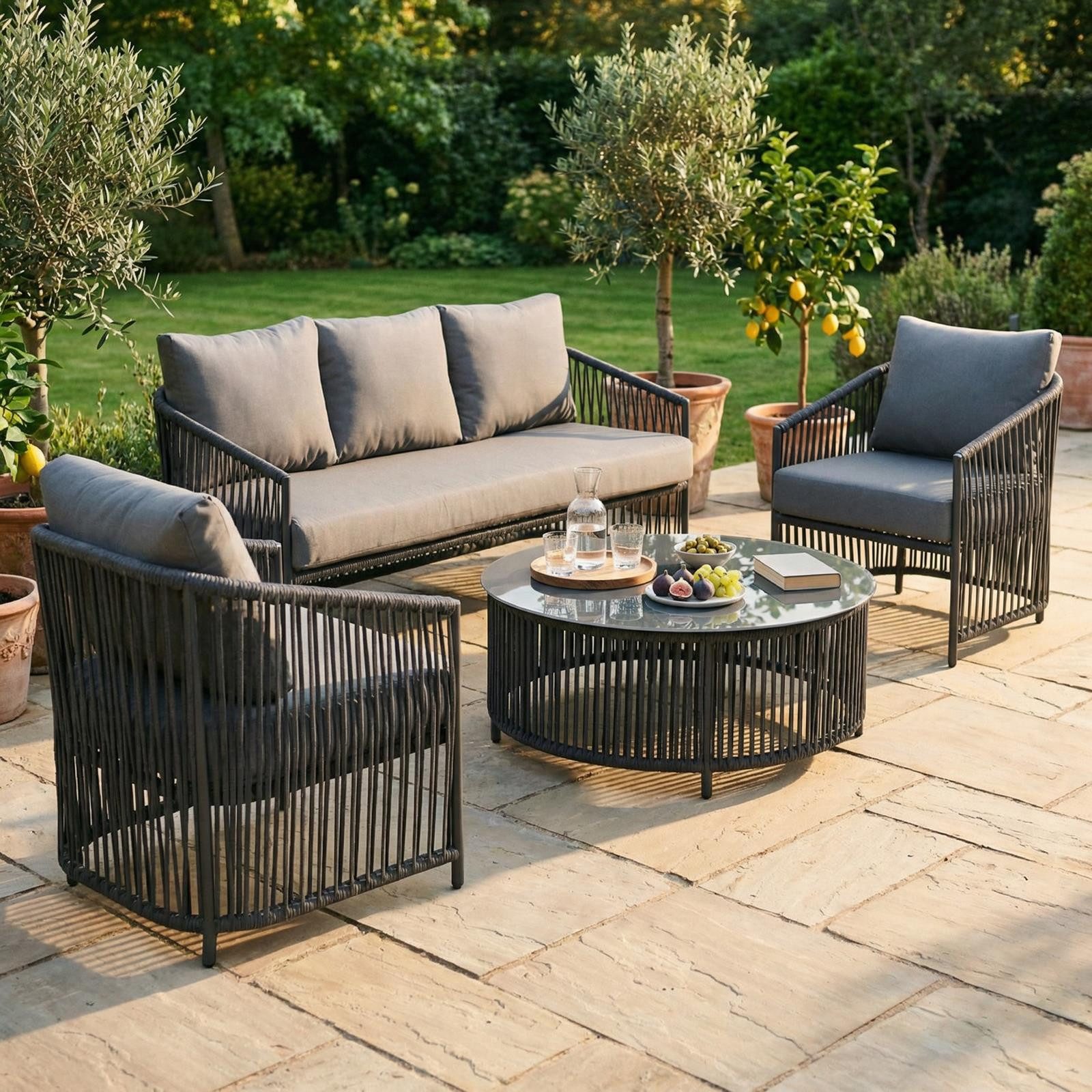 IDIMEX Gartenlounge-Set KULO, (4-tlg), mit 3-Sitzer und 2 Sesseln inkl. Kissen aus Aluminium und Rope Schwarz