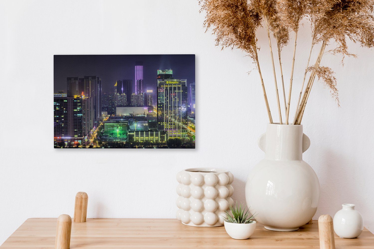 30x20 cm Leinwandbilder, Metropole Wandbild der Shenyang Leinwandbild Skyline am St), Aufhängefertig, Abend, OneMillionCanvasses® (1 Wanddeko,