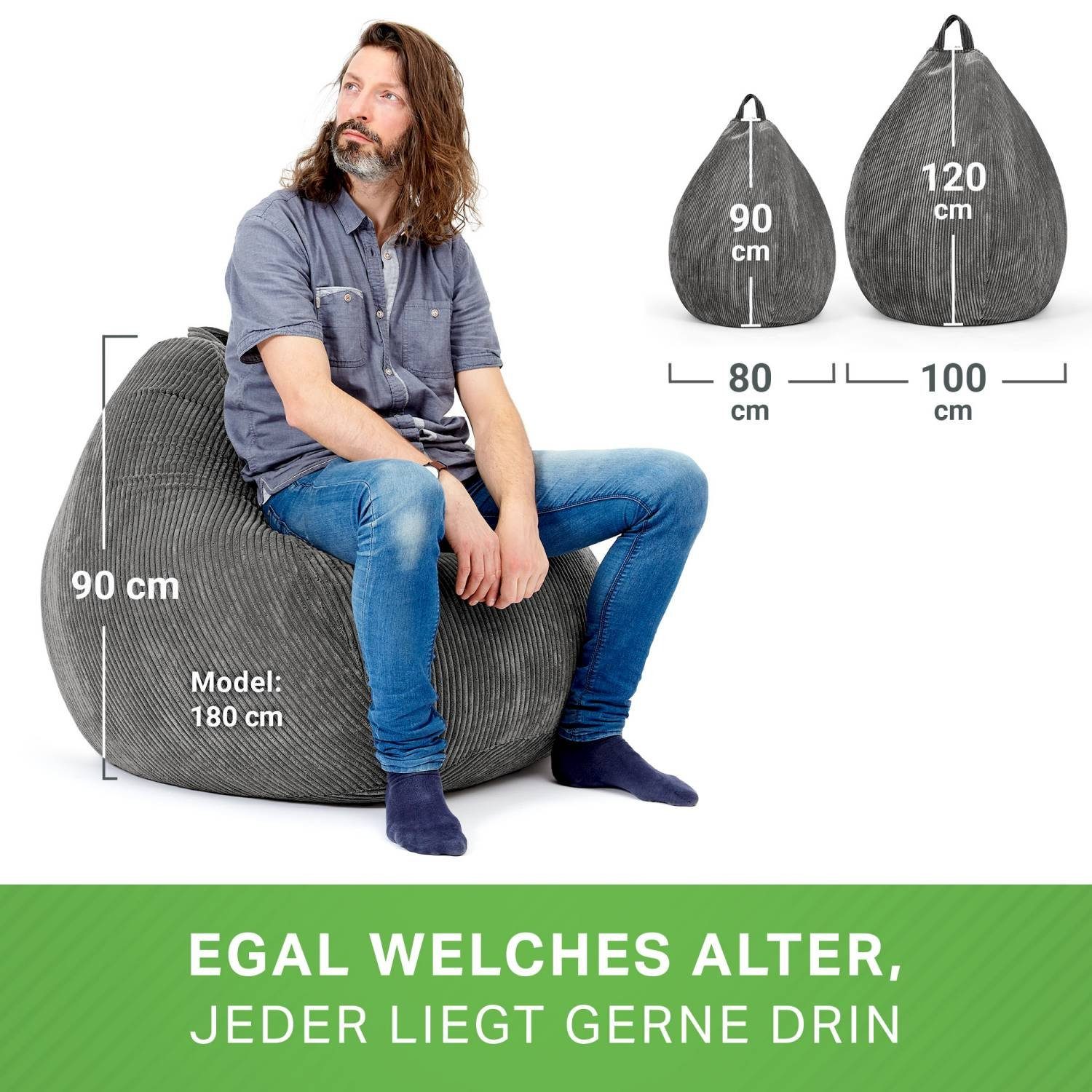 Füllung Erwachsene EPS-Perlen Sitzkissen), Sitzsack Relax-Sessel Sitzsack - Liegekissen Scoop Green Kinder Sitzhocker Bean Cordstoff, Cord Weich & Anthrazit Bodenkissen Waschbar 90x110cm Kuschelig Stoff (Indoor Drinnen