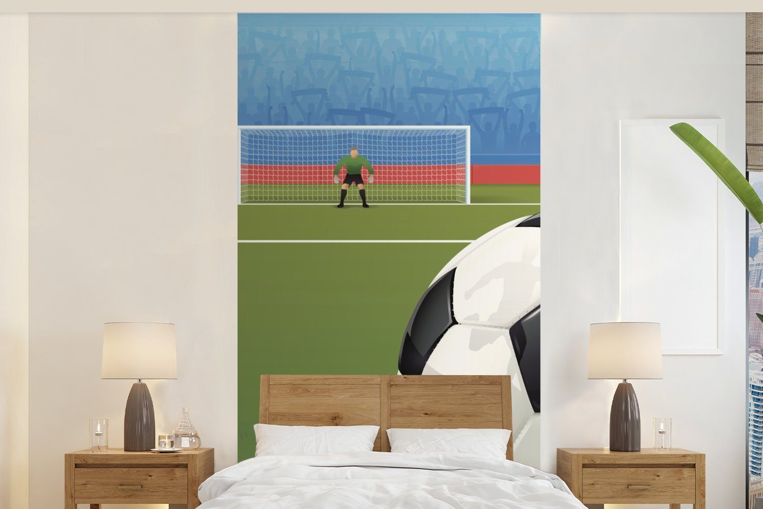 MuchoWow Fototapete Eine Illustration eines Fußballs auf dem Feld im Stadion - Jungen -, Matt, bedruckt, (2 St), Vliestapete für Wohnzimmer Schlafzimmer Küche, Fototapete
