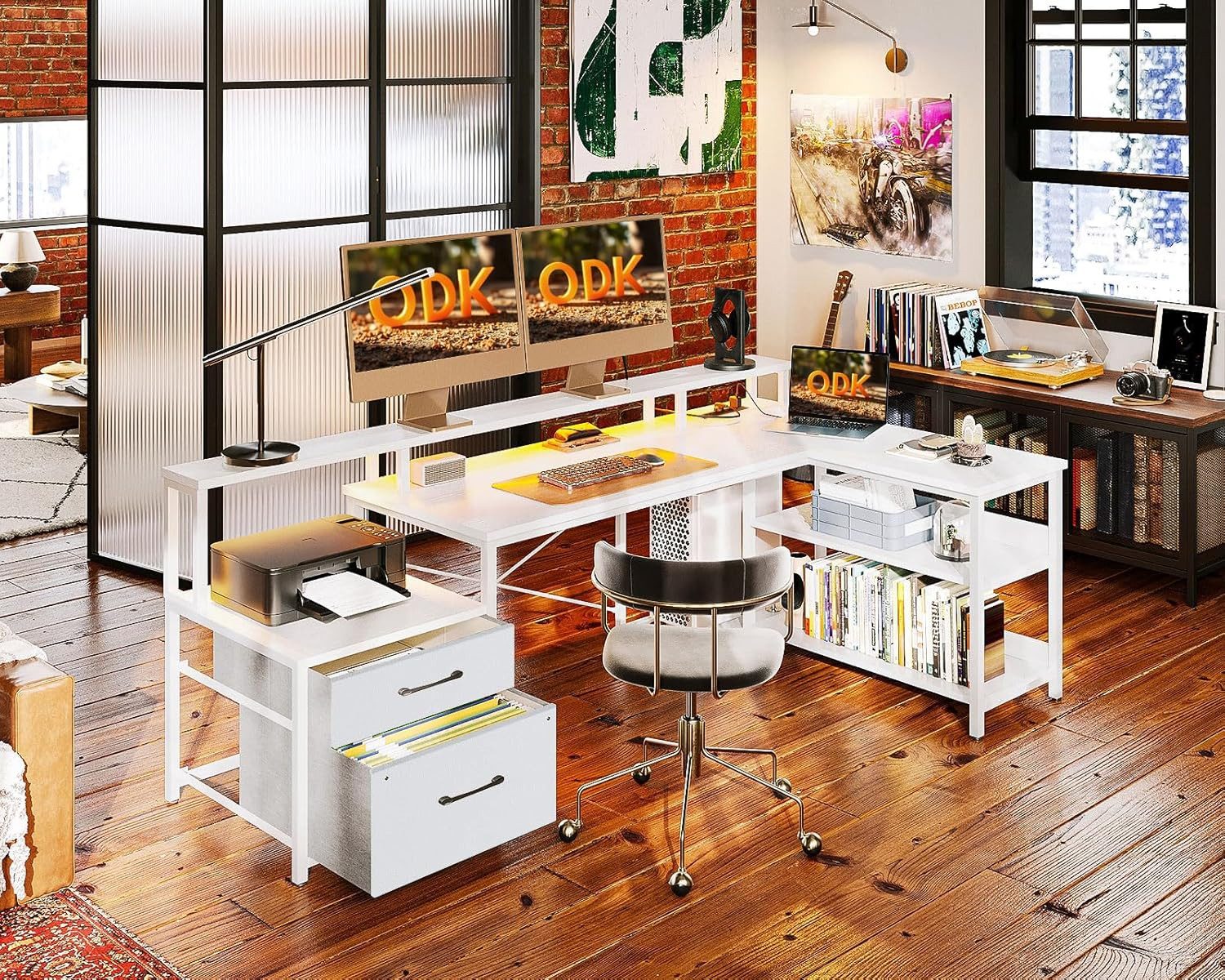 ODK Eckschreibtisch ODK Reversibel Eckschreibtisch mit Schubladen LED Weiß günstig online kaufen