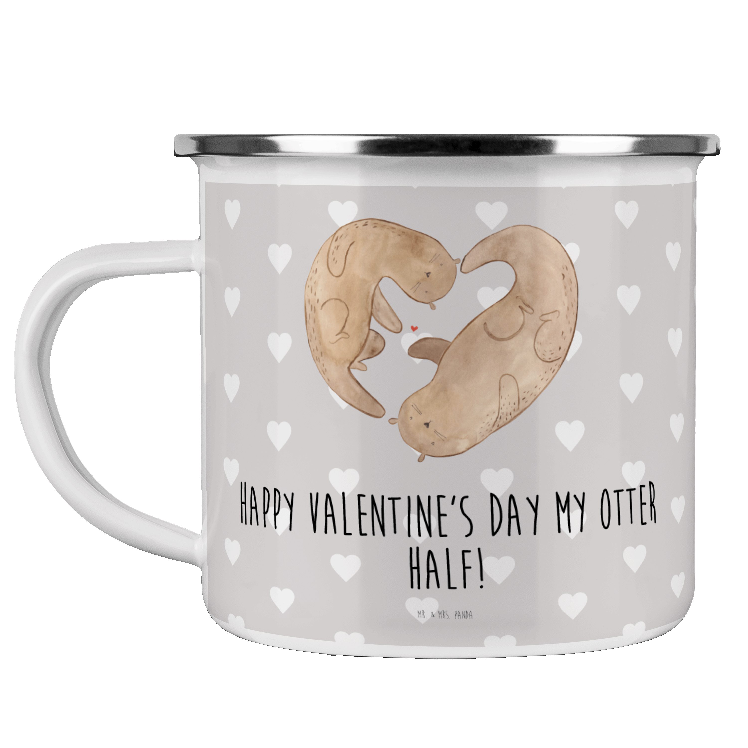 Mr. & Mrs. Panda Becher Otter Valentine - Grau Pastell - Geschenk, Outdoor Tasse, Trinkbecher, Emaille