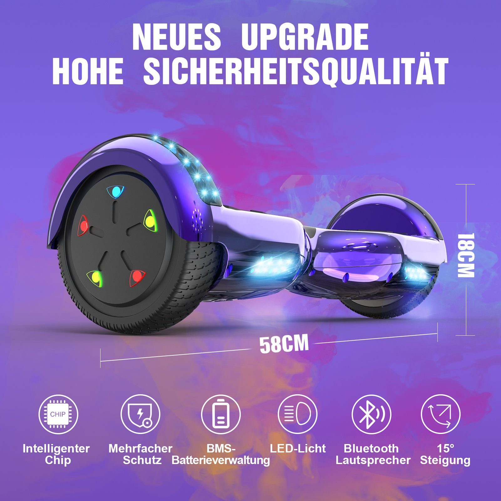 GeekMe Balance Scooter mit Bluetooth-Lautsprecher, Schöne LED-Leuchten, Hoverboard für Kinder, 15,00 km/h
