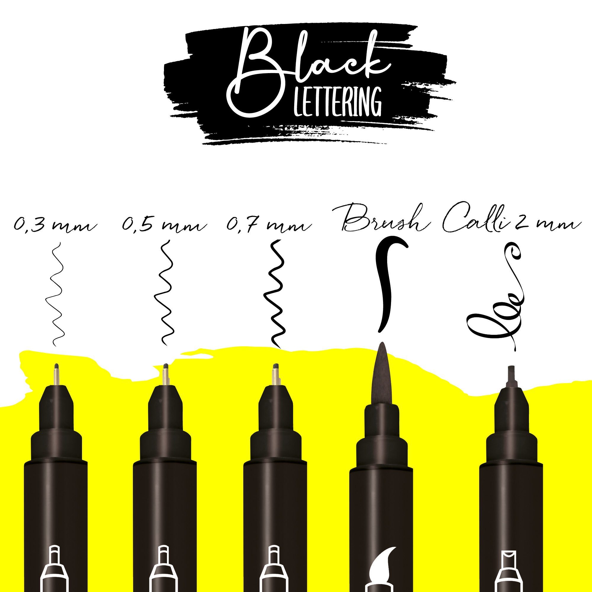 Online Pen Fineliner Black Lettering, 5x Handlettering Stifte Set, schwarz, wasserfest