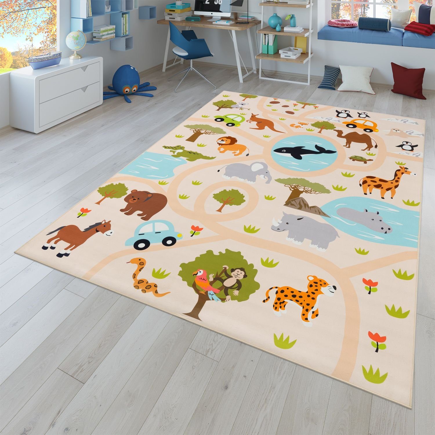 Kinderteppich Rutschfester Teppich Kinderzimmer Spielteppich Mädchen Jungen, TT Home, eckig, Höhe: 9 mm Grün Gelb Creme