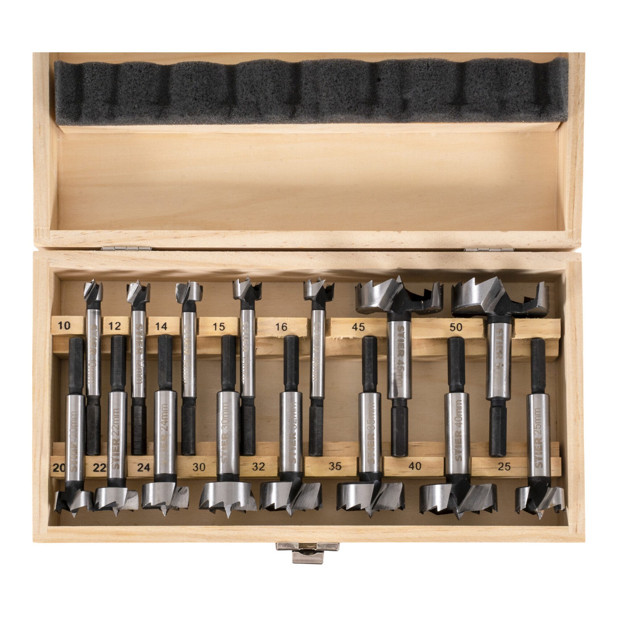 Stier Holzbohrer STIER Forstnerbohrer-Set in Holz-Kasette 15-teilig (Durchmesser 10 - 5