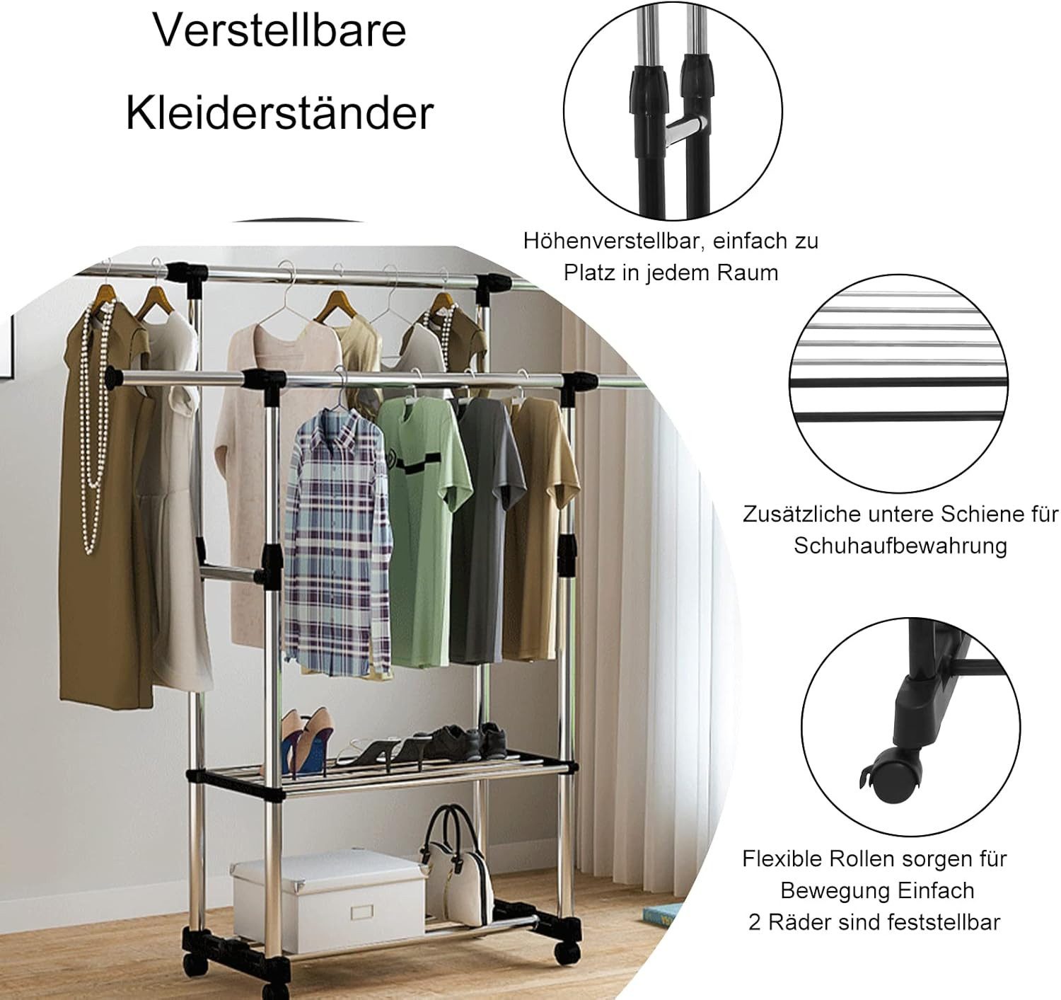 Youyijia Kleiderbügel Kleiderständer Verstellbare mit Rollen Kleiderstange Wäscheständer – Bild 4 von 5