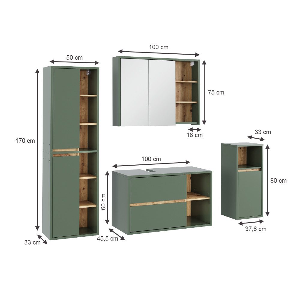 Vicco Badmöbel-Set Viola, Grün/Artisan, 4 Teile, günstig online kaufen