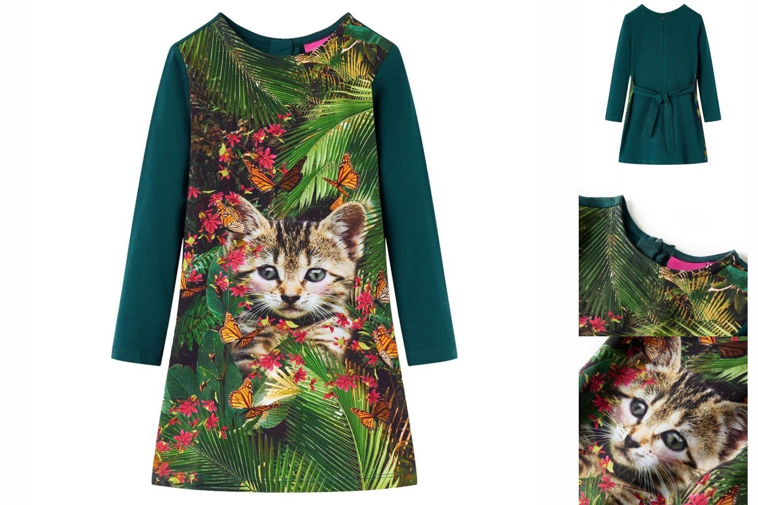 Dunkelgrün Langen Kinderkleid Kurz Katzen-Aufdruck Ärmeln mit vidaXL A-Linien-Kleid 104