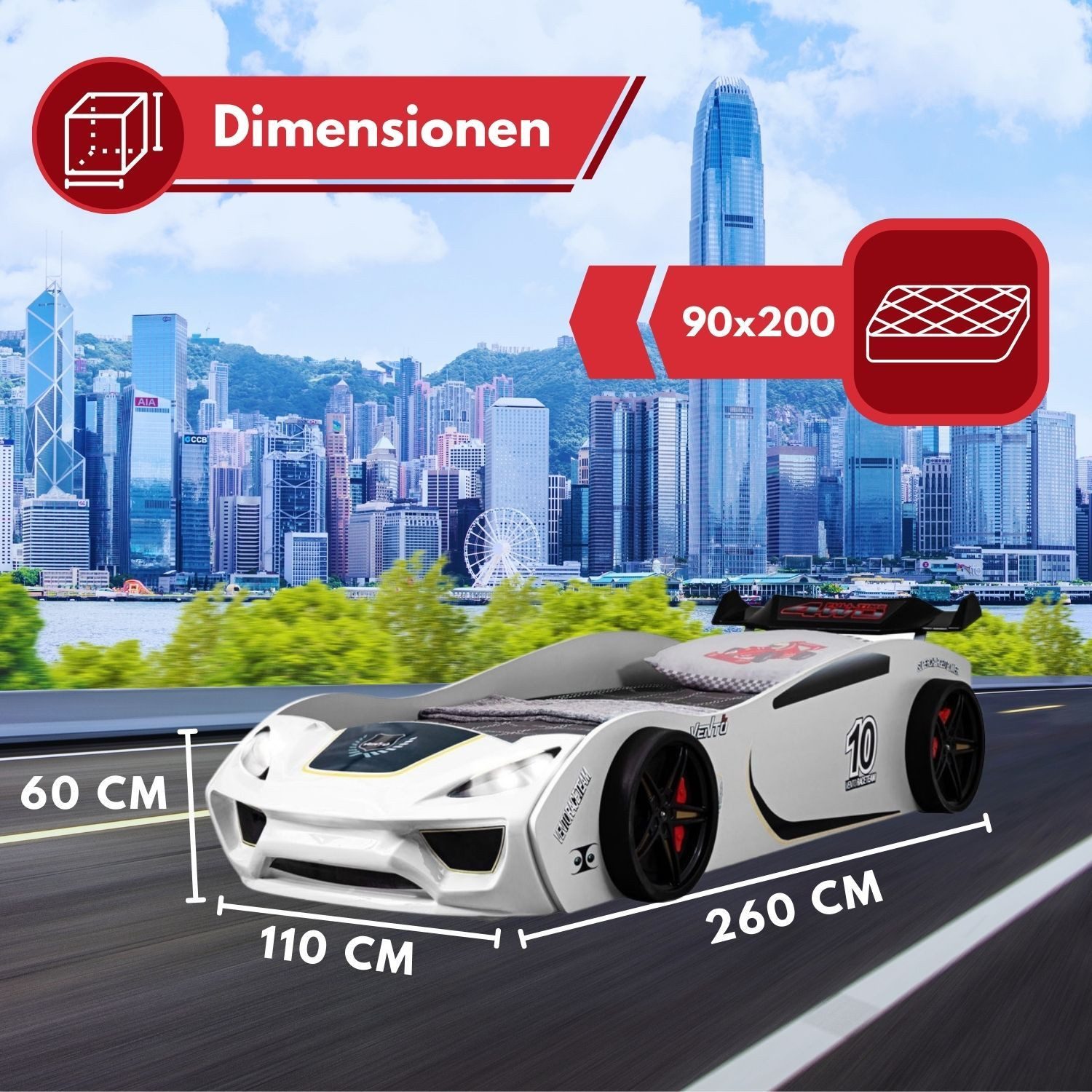 Coemo Autobett VENTO (Komplett-Set Bett und Lattenrost), Weiß Autobett 90x200cm Holz Kinderbett Rennwagen-Design mit Lattenrost