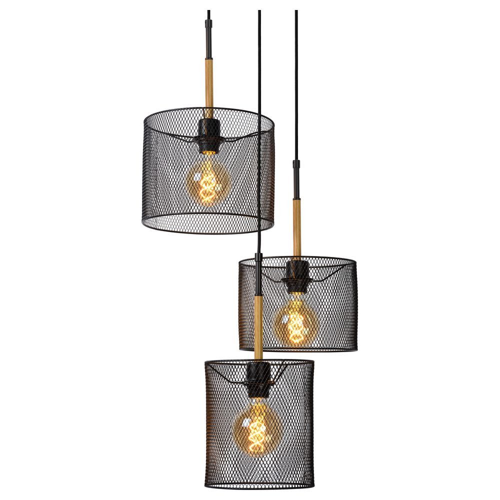 Lucide Pendelleuchte Pendelleuchte Basket aus Stahl in Schwarz und hellem Holz 3xE27