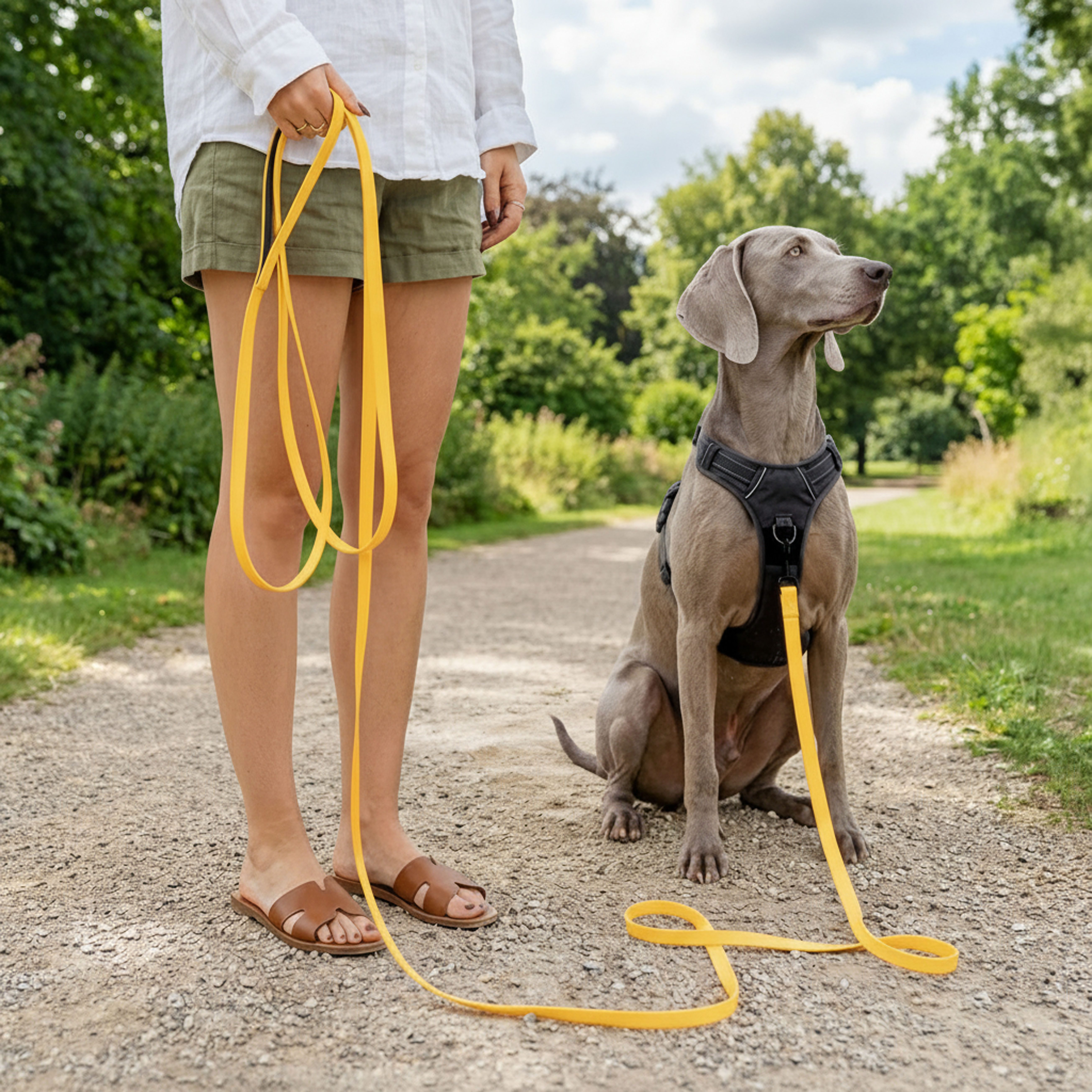 belviona Leine für Hunde, Schleppleine wasserfest, Trainingsleine 5 m, signalgelb, PVC & Neopren (1-tlg), mit PVC-Beschichtung & Neopren-Handschlaufe, pflegeleicht & robust