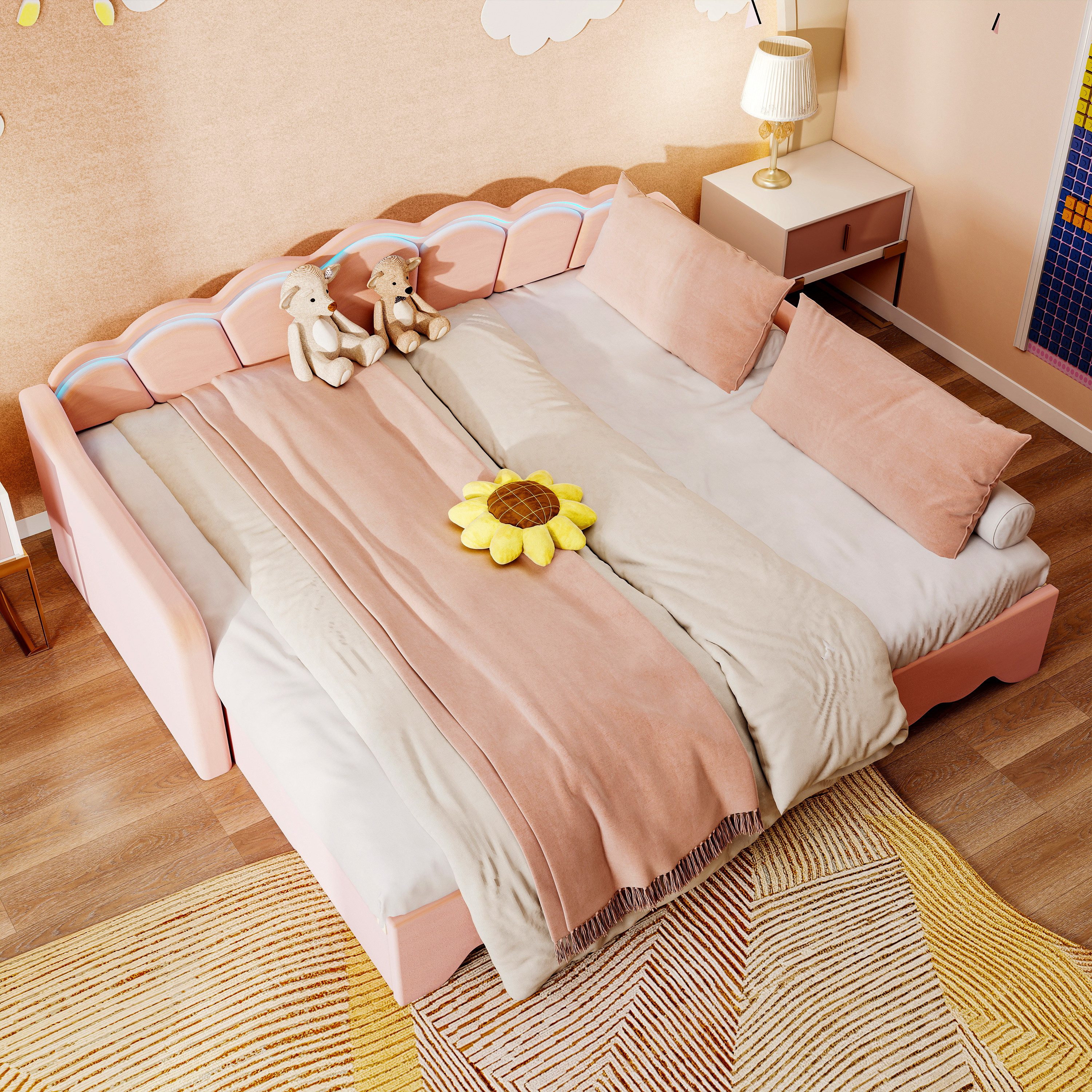 oyajia Daybett Polsterbett 90x190cm mit Ausziehbett 180x190cm, Samt Polsterbett Schlafsofa Kinderbett Tagesbett mit LED-Beleuchtung