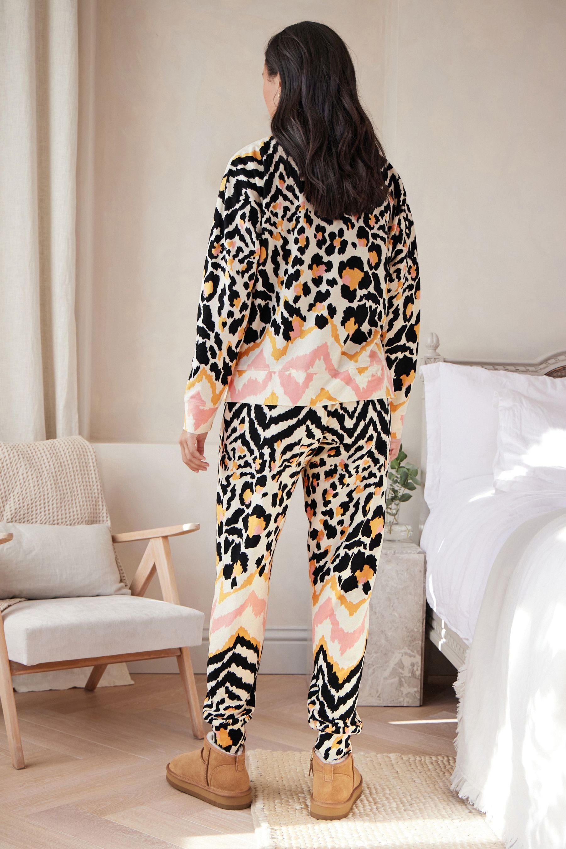 (2 Pyjama Ecru Next Baumwolle Langärmeliger Cream Leopard Pyjama aus tlg)