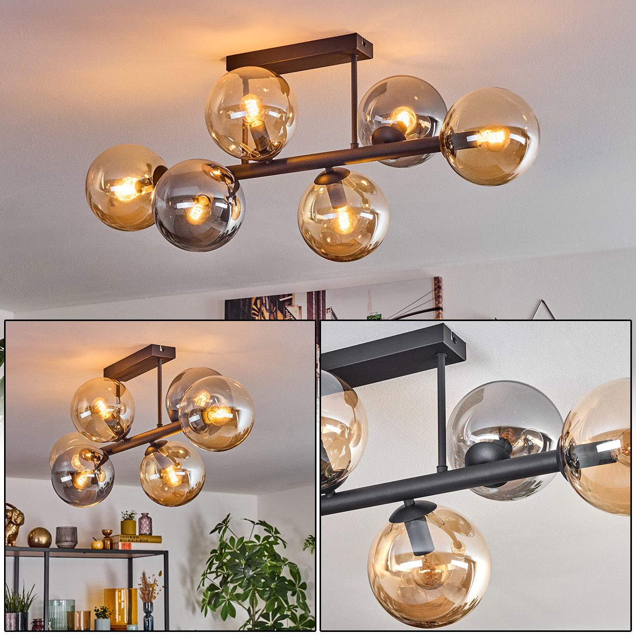 hofstein Deckenleuchte 6-flammige Deckenlampe aus Metall/Glas in Schwarz/Be günstig online kaufen