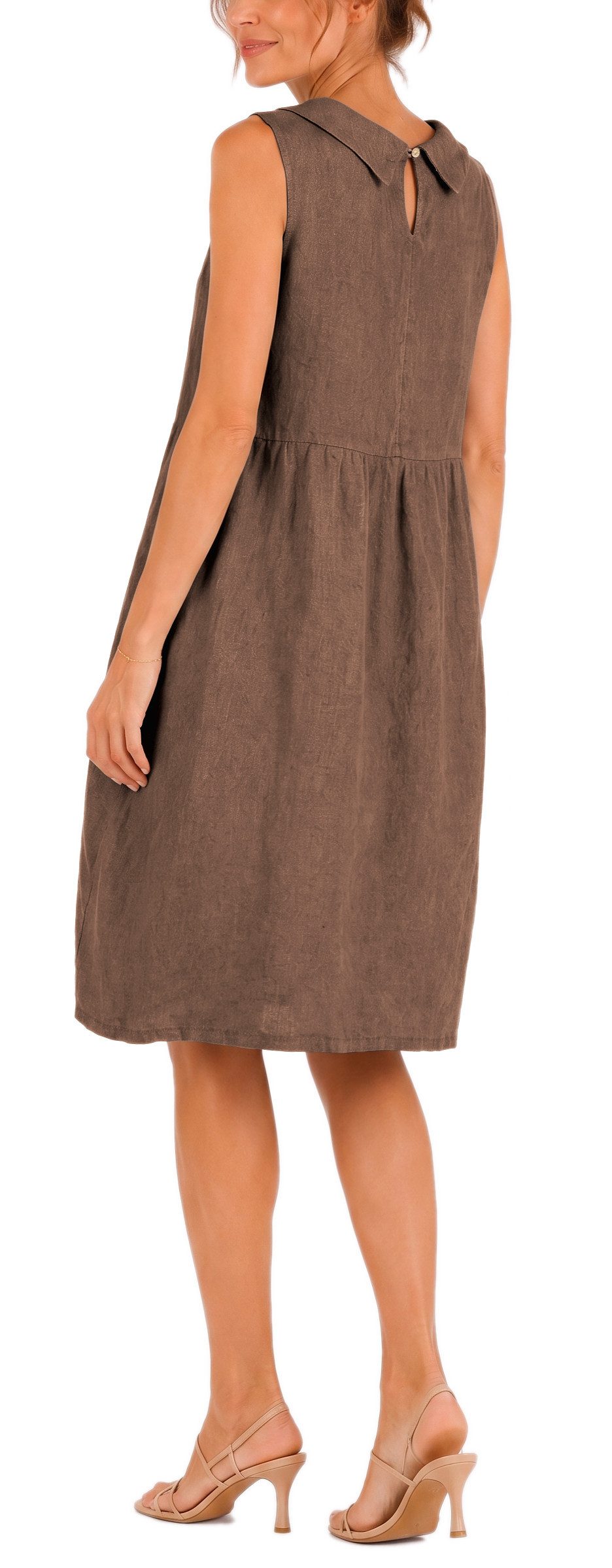 dy_mode Midikleid Damen Leinenkleid Luftiges Midi Sommerkleid Ballonkleid Strandkleid in Unifarbe, Wasserfallkragen, mit seitlichen Eingriffstaschen