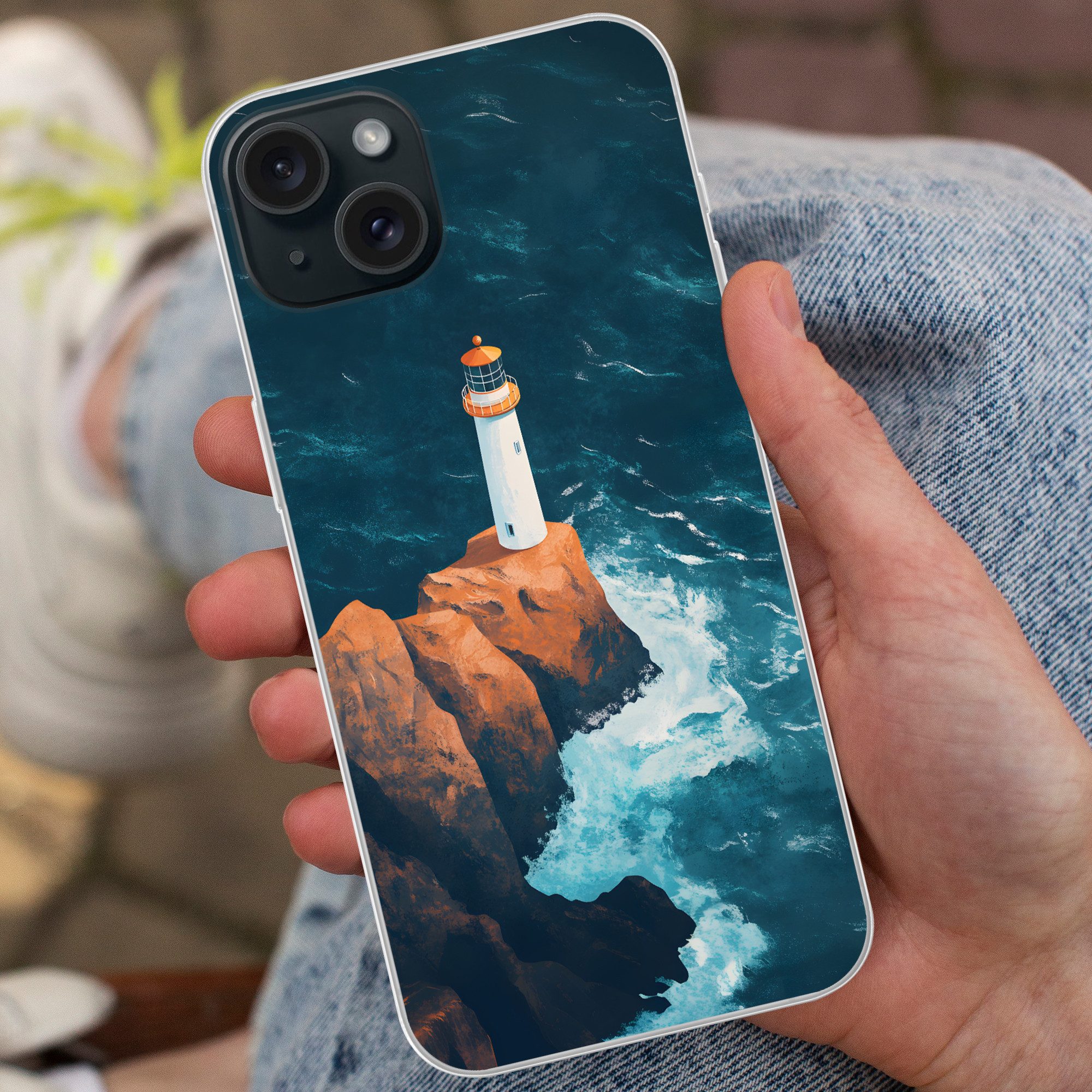 MuchoWow Handyhülle für Apple iPhone 15 Plus Leuchtturm - Felsen - Meer - Wellen, Smartphone-Bumper, Print, Handy Schutzhülle Dünn