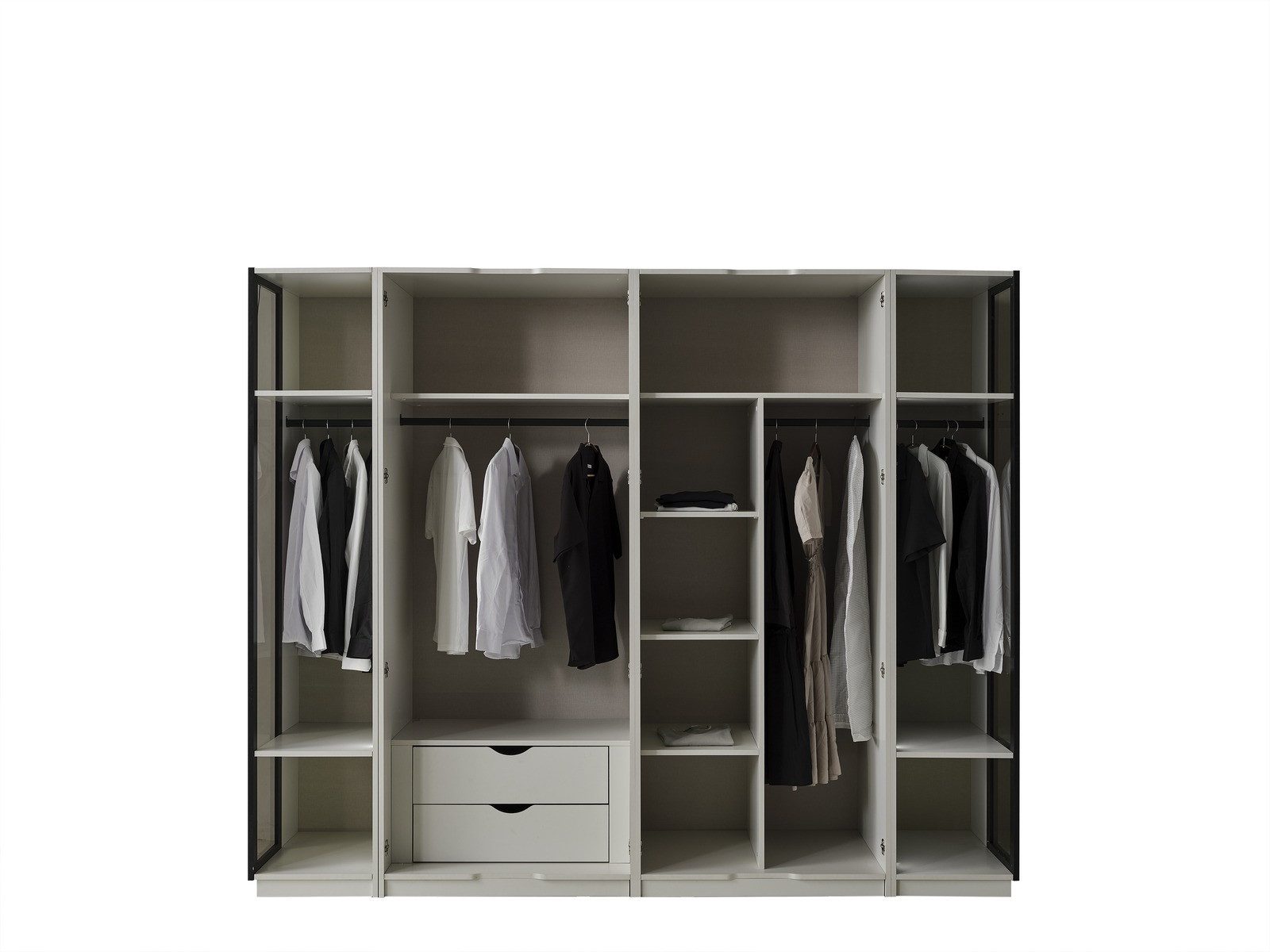 Villa Möbel Kleiderschrank (Kleiderschrank, 1-St., 2 trg. Kleiderschrank mit Regalen) Modulsystem Schubladen oder Regale klare Fronten