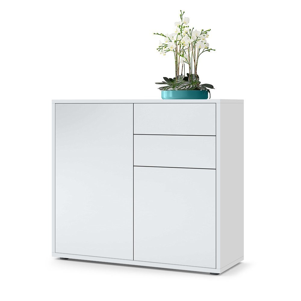 Vladon Kommode Ben V1 (Kommode, mit 2 Türen und 2 Schubladen), Weiß matt/Weiß matt (79 x 74 x 36 cm)