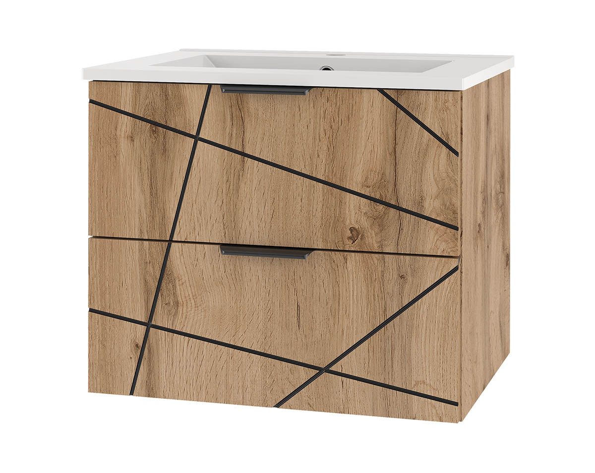 einfachgutemoebel Waschtisch-Set Waschtisch 60cm STRIATA, Wotan-Eiche mit Einbaubecken, (Badmöbel Set, 1-St., Waschtisch Unterschrank)