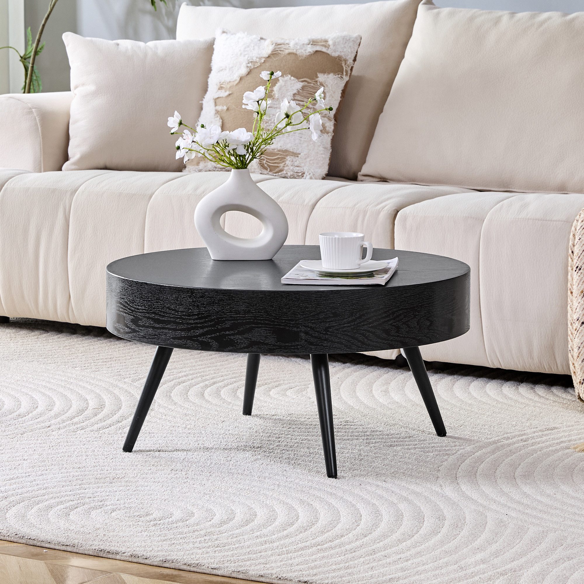 i@home Couchtisch Runder Kaffeetisch, 70 cm Durchmesser in Holzoptik, Schwarze Metallbeine, minimalistisch, ideal für kleine Räume.