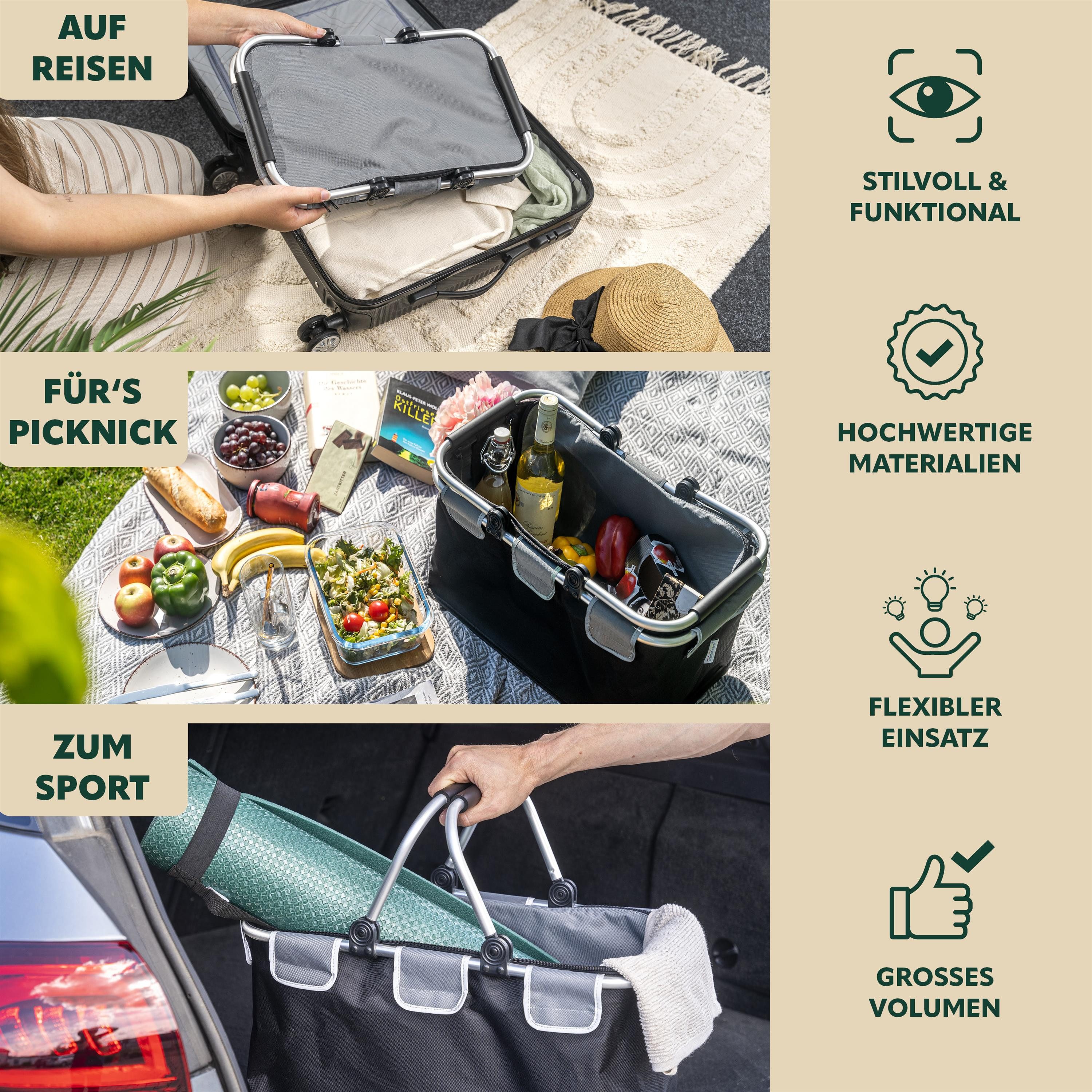 bremermann Einkaufskorb faltbar - 25 Liter in Schwarz, mit Aluminiumrahmen, 25 l, inkl. Einkaufswagenchip