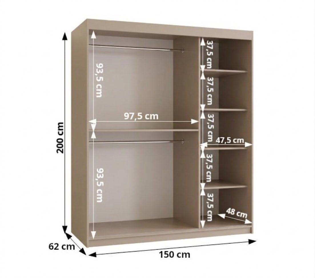 ABIKS MÖBEL Schwebetürenschrank RUBINO V 150 Schlafzimmerschrank mit Schiebetüren Kleiderstange Regale