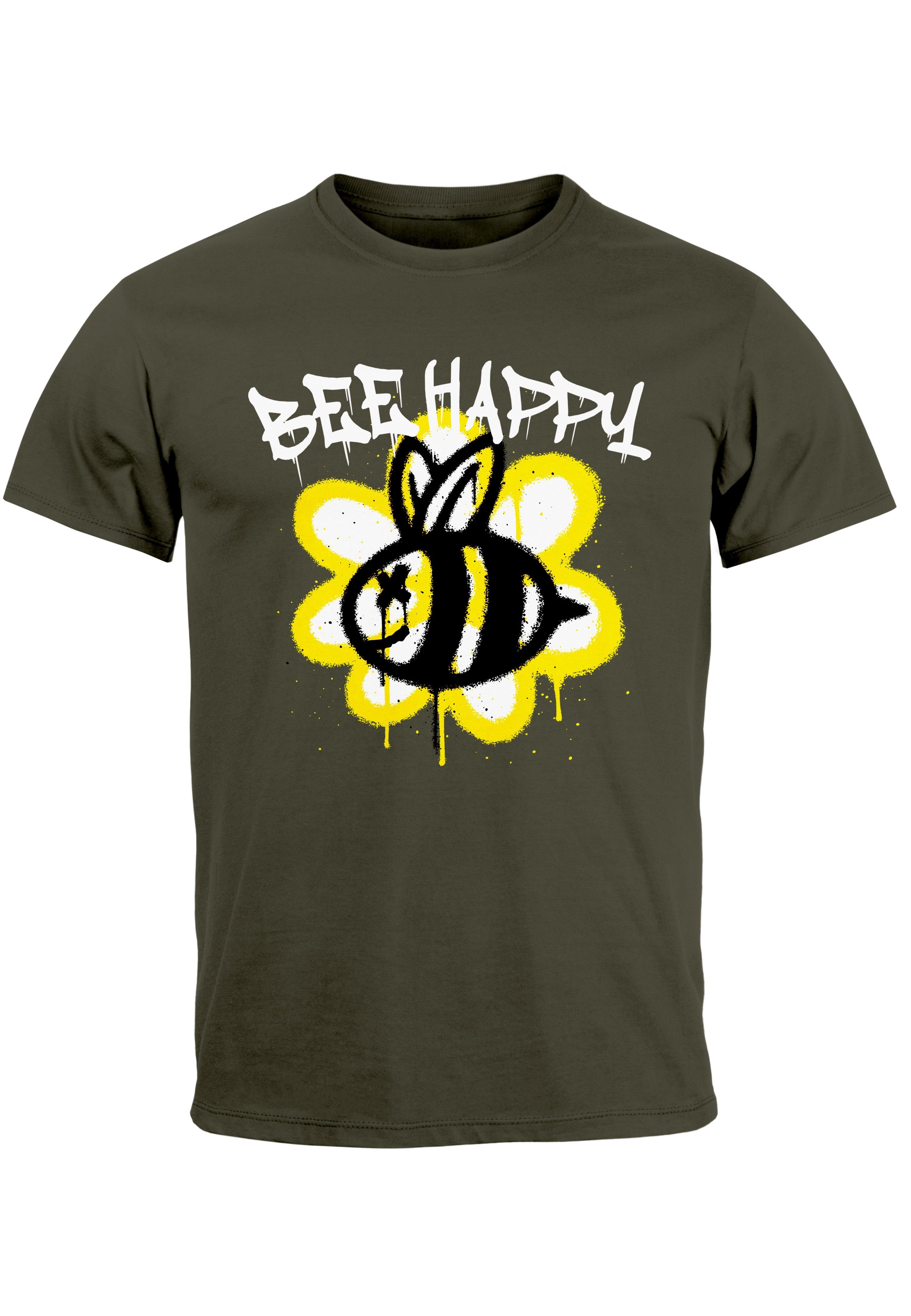 Neverless Print-Shirt Herren T-Shirt Aufdruck Bee Happy Biene Blume Graffiti SchriftzugFashi mit Print army