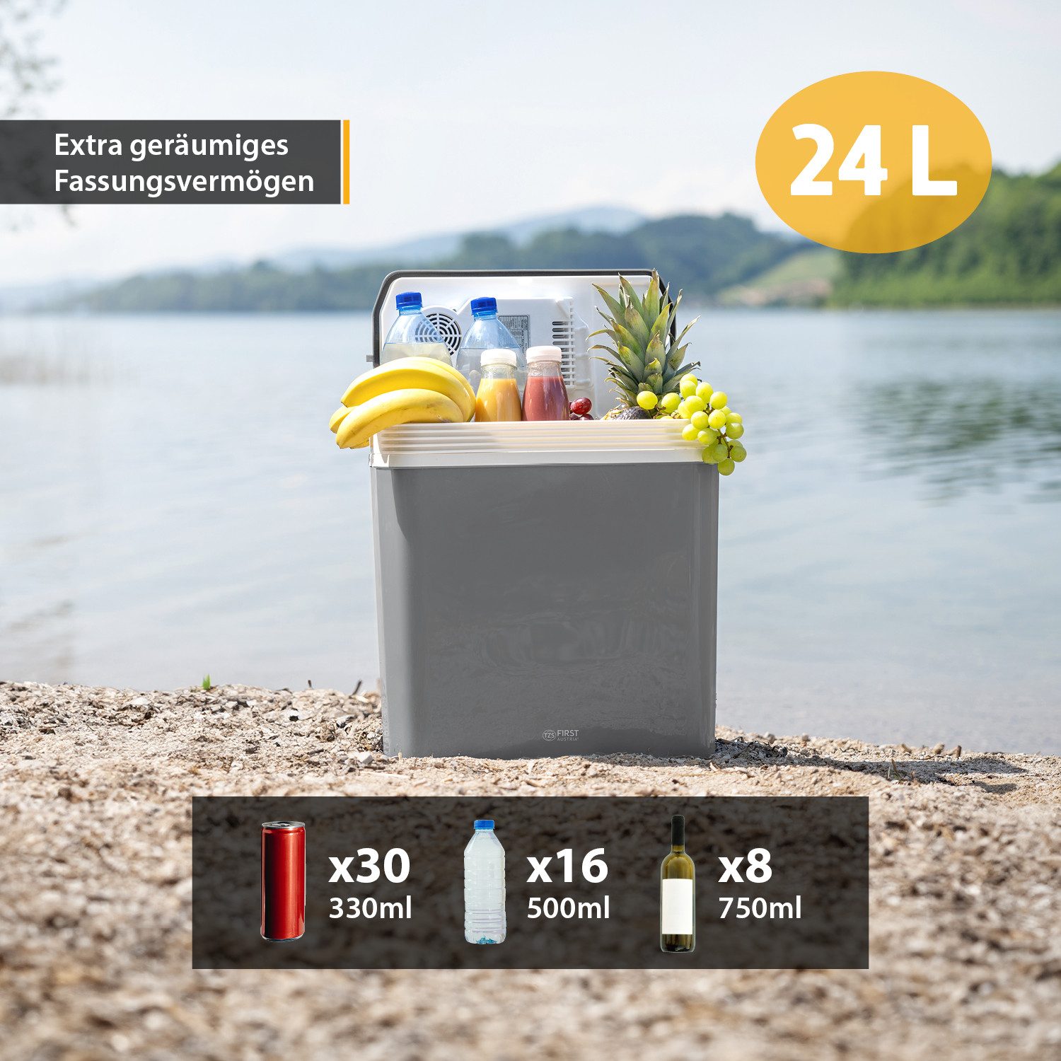 TZS FIRST AUSTRIA Elektrische Kühlbox 24L, Kühlbox, 12V /230V Anschluss, 12-V-Stecker fürs Auto, für Camping, Festivals, Reisen, mit Kühl- und Warmhaltefunktion